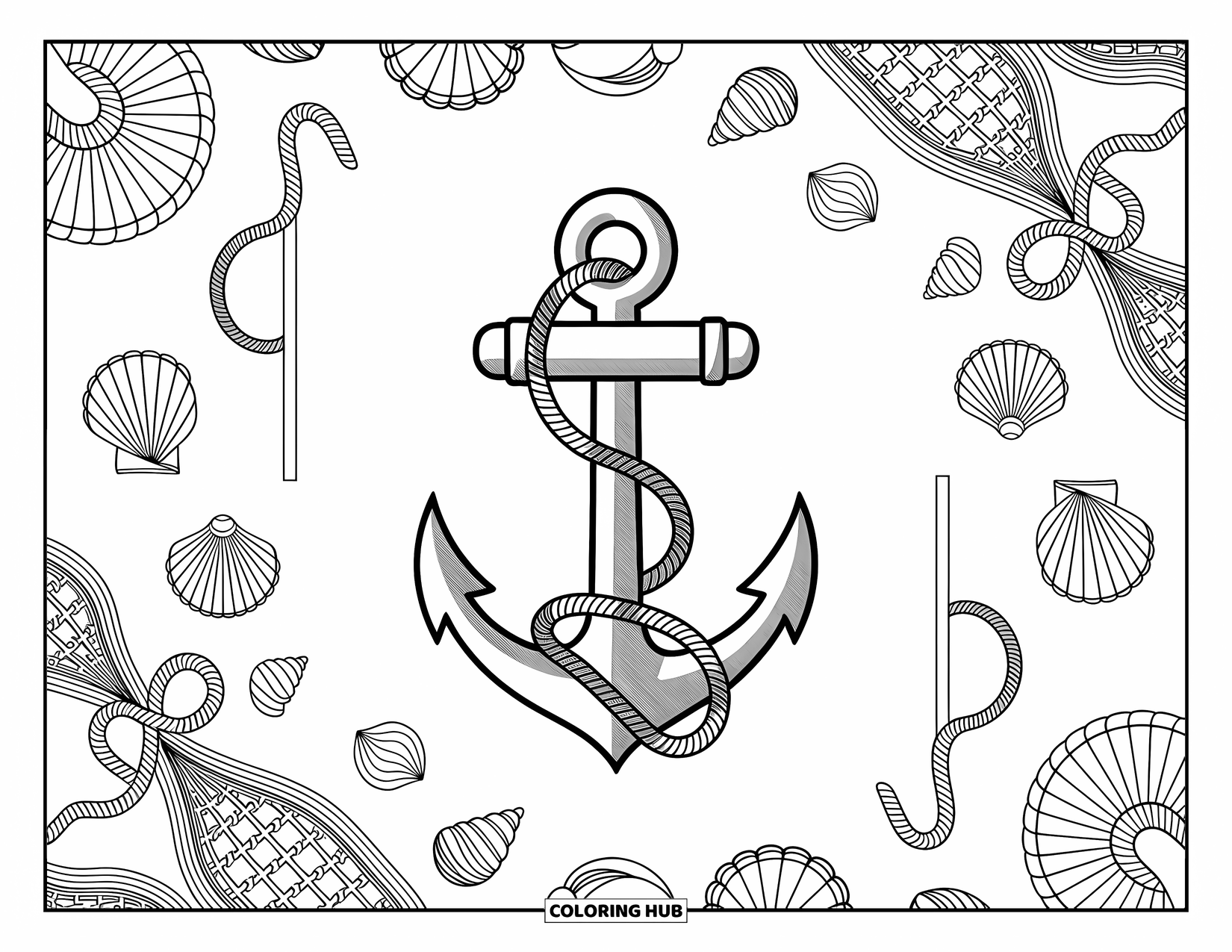 Coloriage Océan pour adultes : Les ancres, les coquillages et les filets se réunissent dans un mélange rêveur de trésors océaniques