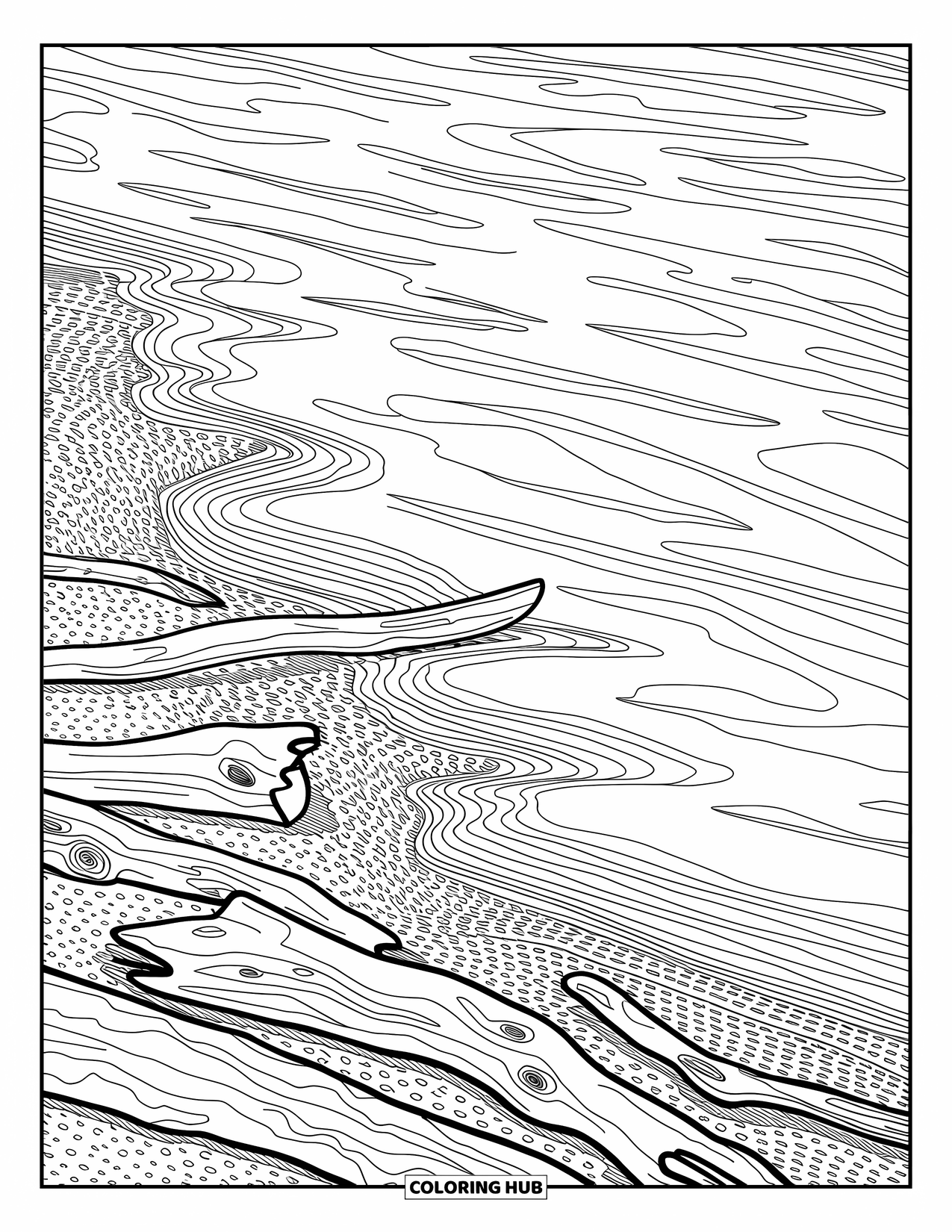 Coloriage Océan pour adultes : Les ondulations de la plage et le bois flotté dispersé créent une scène de rivage calme et venteuse