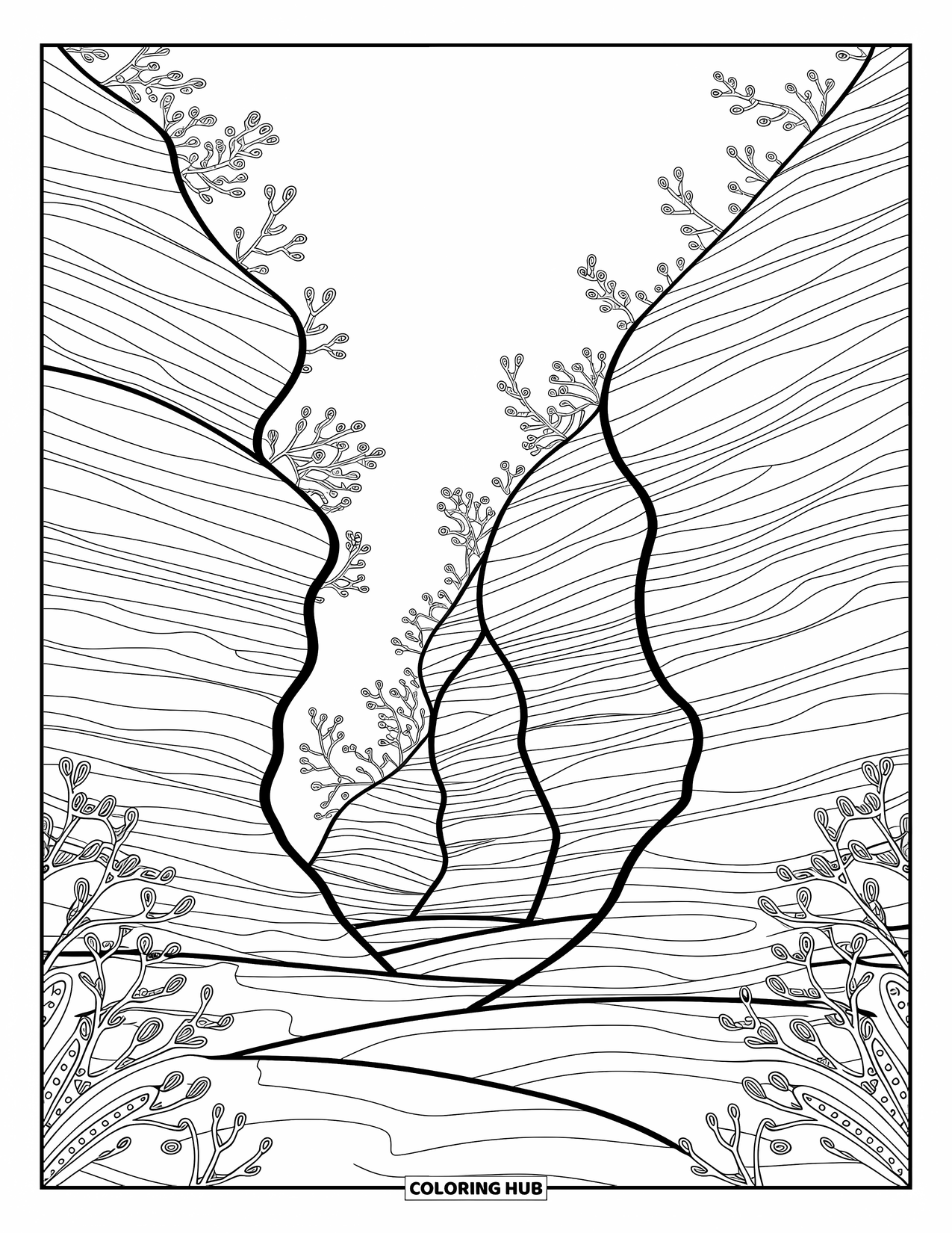 Coloriage Océan pour adultes : Les parois incurvées du canyon et les lignes tourbillonnantes révèlent la beauté calme des profondeurs de l’océan