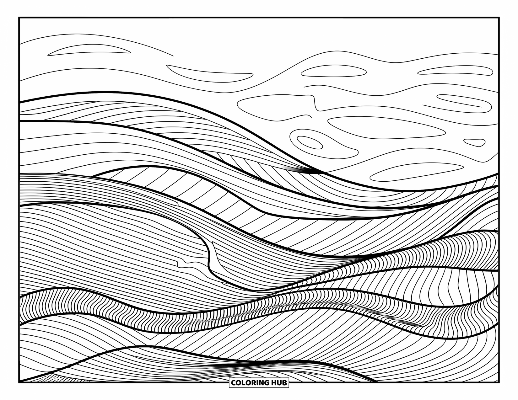 Coloriage Océan pour adultes : Les couches océaniques incurvées ondulent vers le bas en formes paisibles et en douces lignes sous-marines