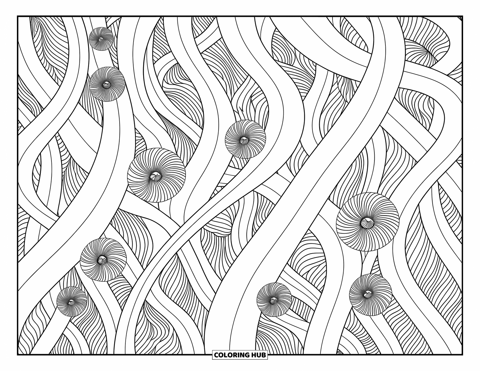Coloriage Océan pour adultes : Le varech fluide boucle dans l’eau avec de petits coquillages nichés entre les brins