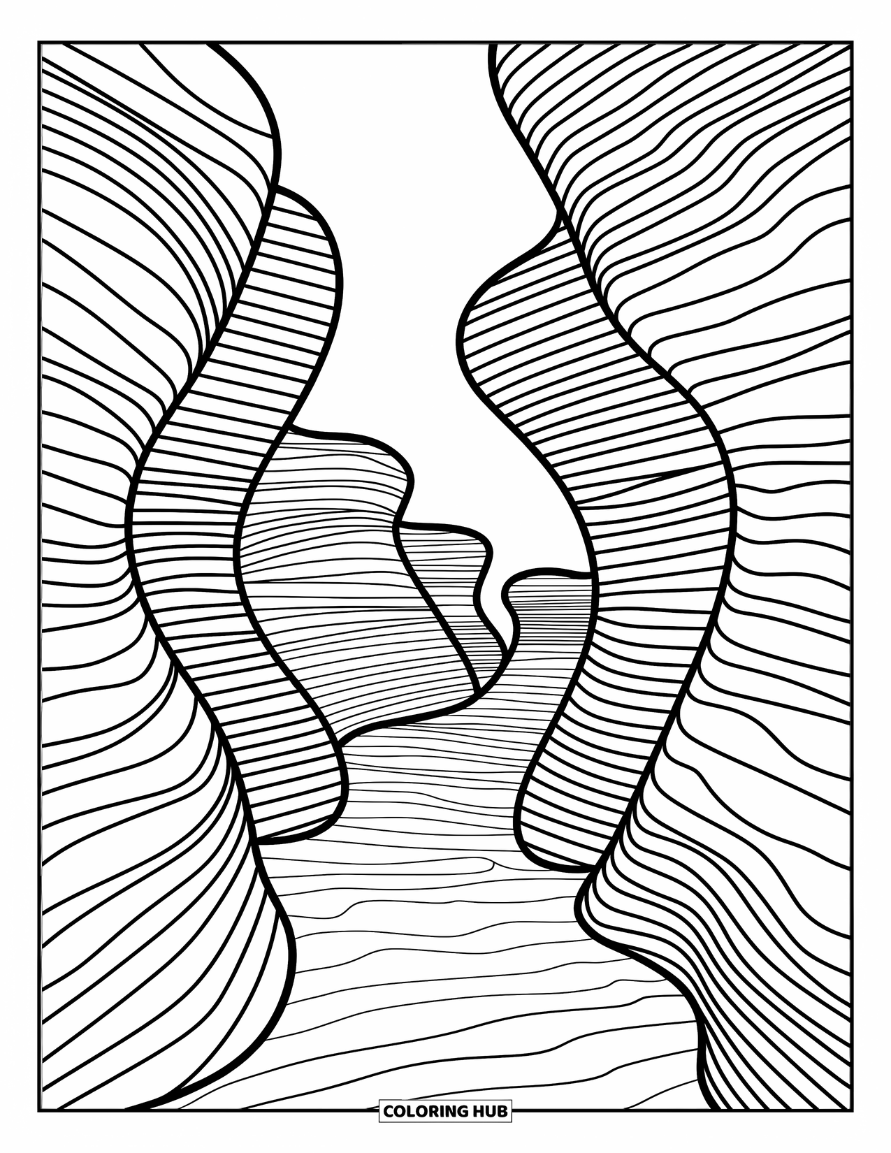 Coloriage Océan pour adultes : Le sable en couches et les courants tourbillonnants façonnent un canyon sous-marin profond et paisible rempli de détails cachés