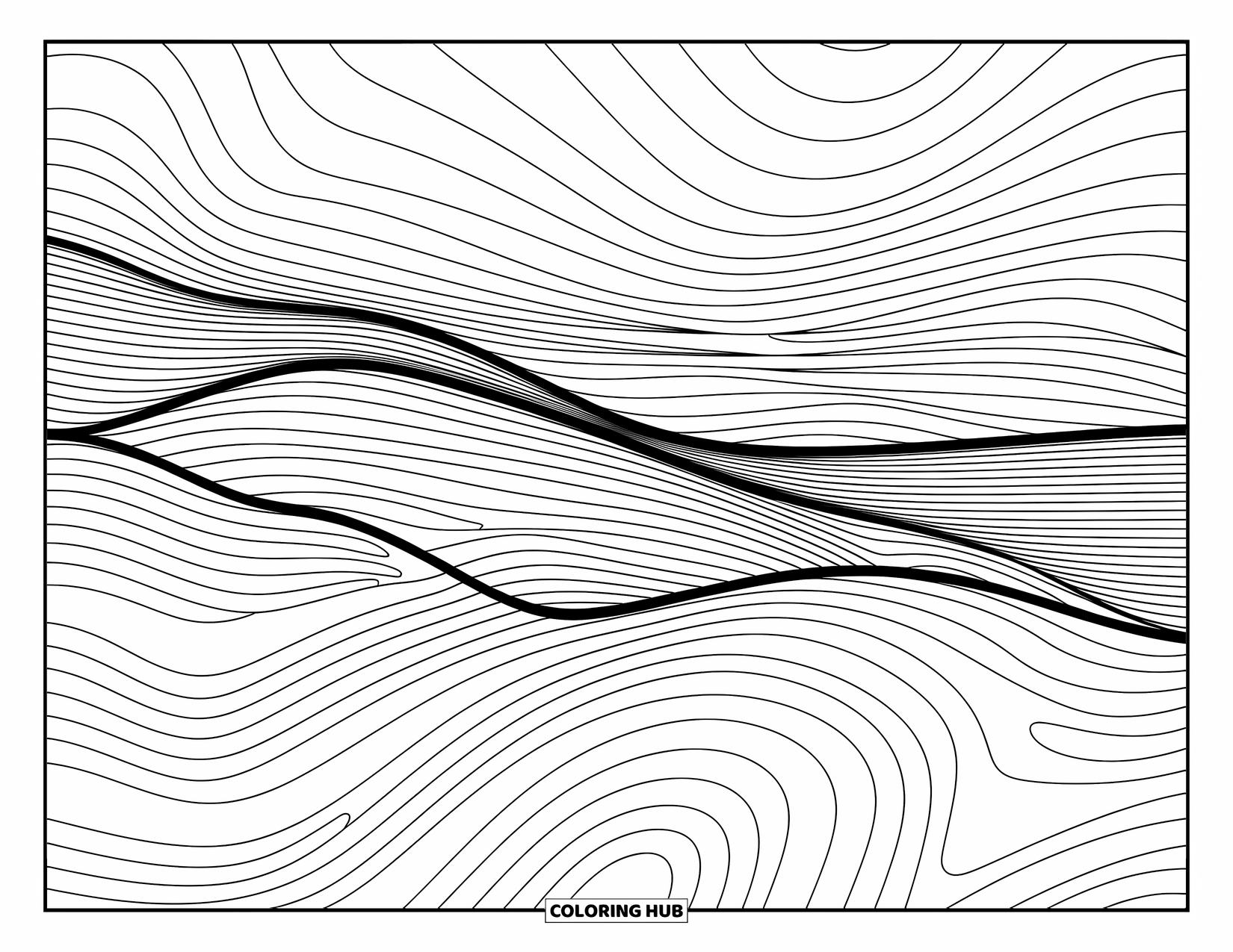 Coloriage Océan pour adultes : Les vagues de l’océan se jettent dans le fond marin avec des motifs doux et de douces formes sous-marines