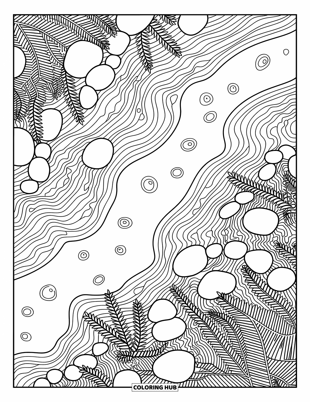 Coloriage Océan pour adultes : Des galets et des plantes reposent à l’intérieur d’une mare calme avec des lignes fluides et des arêtes douces