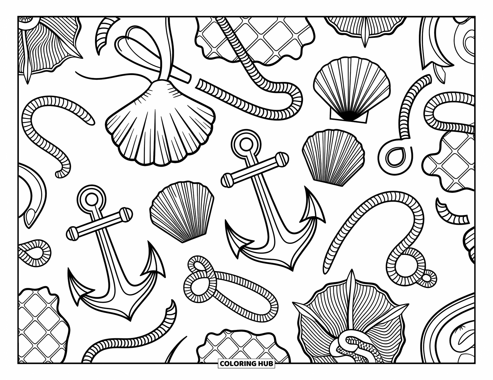 Coloriage Océan pour adultes : Les coquillages, les ancres et les filets reposent ensemble dans un design calme et confortable d’inspiration marine