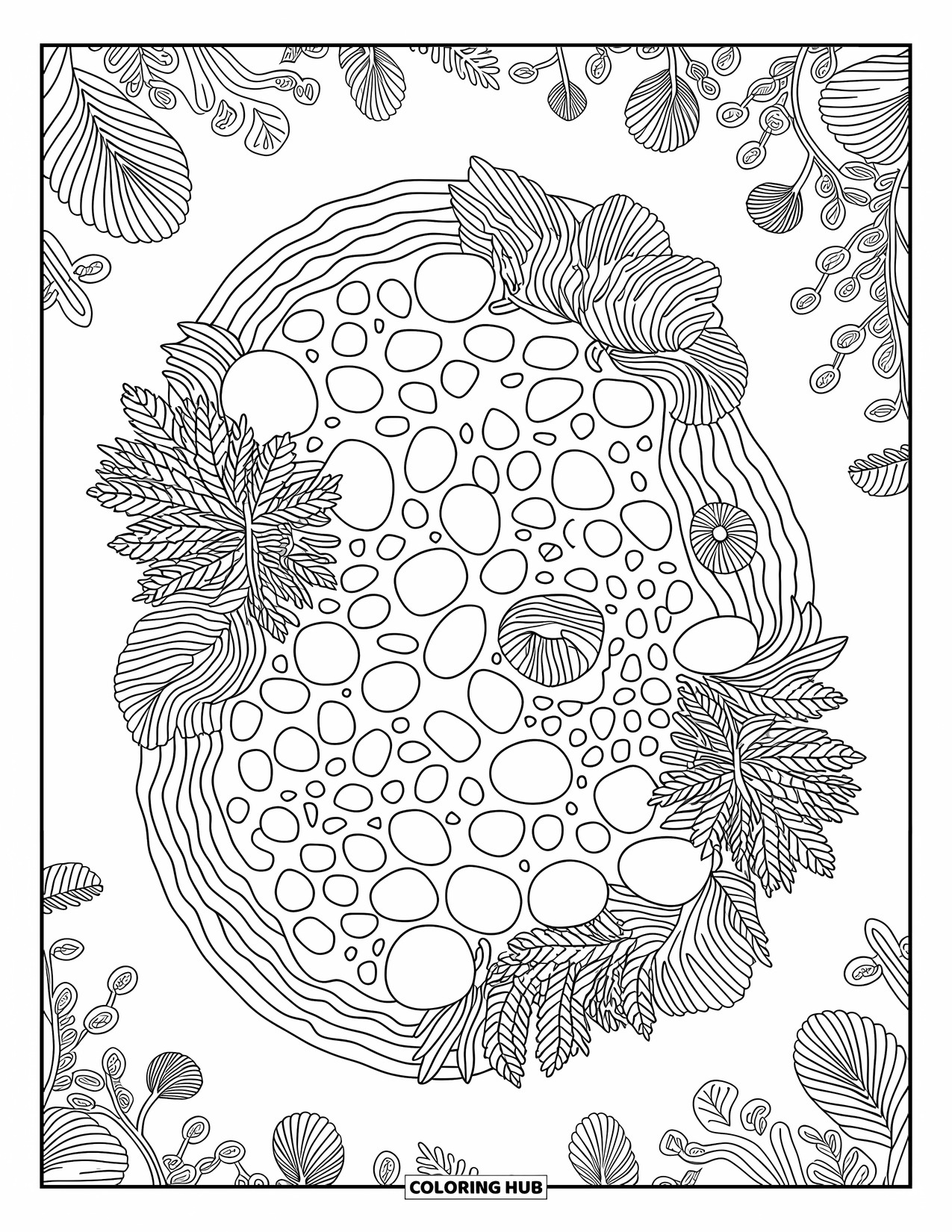 Coloriage Océan pour adultes : La minuscule vie marine et les frondes végétales s’installent dans une mare calme et détaillée