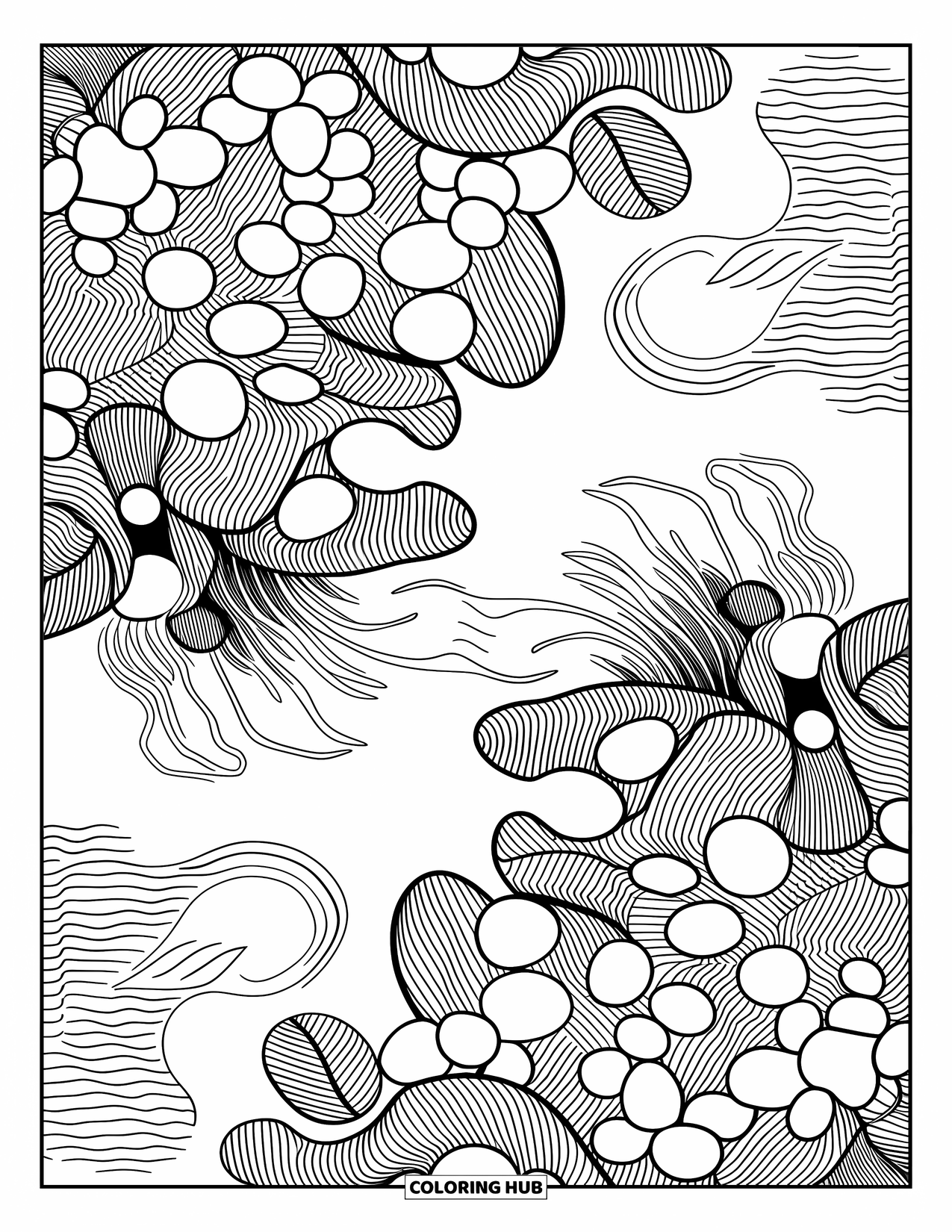 Coloriage Océan pour adultes : Les vagues et les plantes se mélangent dans une scène de mare remplie de formes naturelles et de textures douces