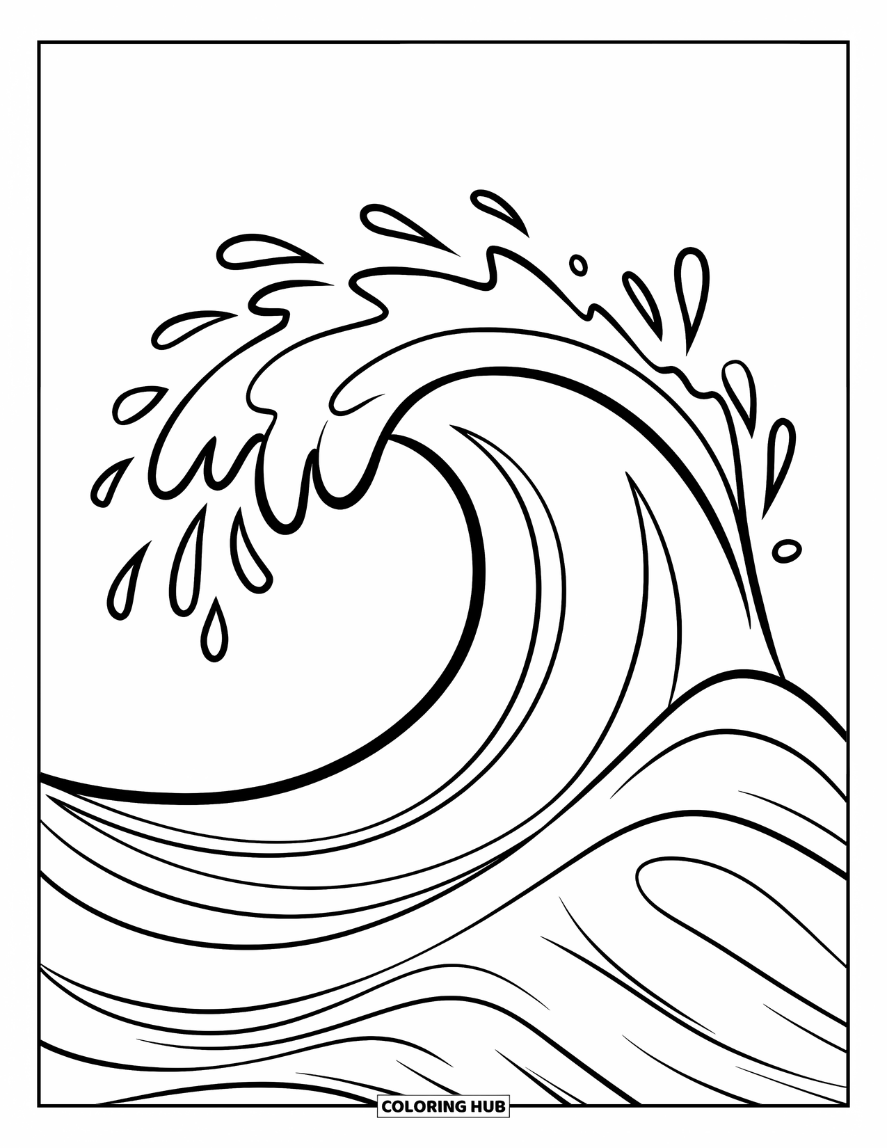 Coloriage Océan pour enfants : Une grande vague incurvée éclabousse doucement avec des gouttelettes éparpillées tout autour