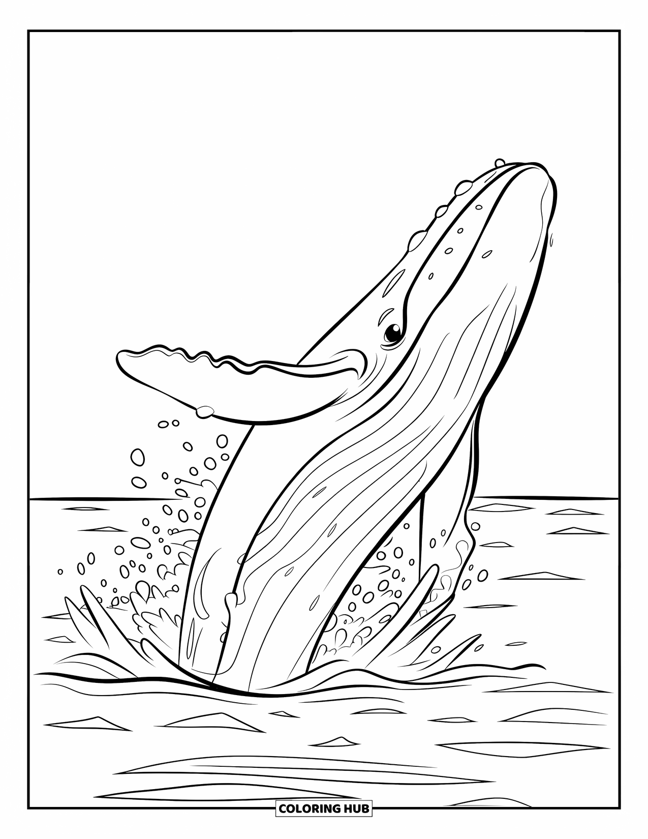 Coloriage Océan pour enfants : Une baleine qui brise la surface fait des éclaboussures tandis que les vagues ondulent doucement en arrière-plan