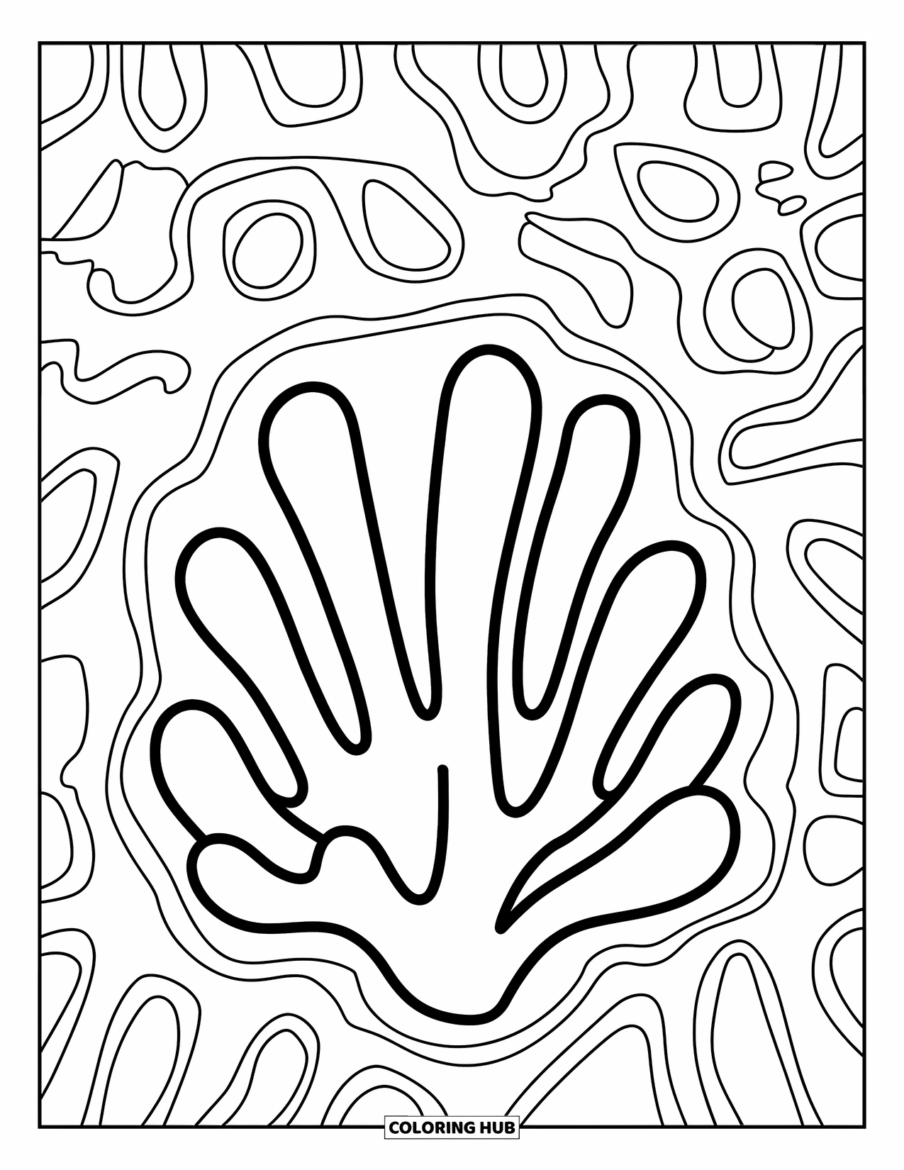 Coloriage Océan pour enfants : Une forme de corail joyeuse avec de grosses branches arrondies et une énergie ludique