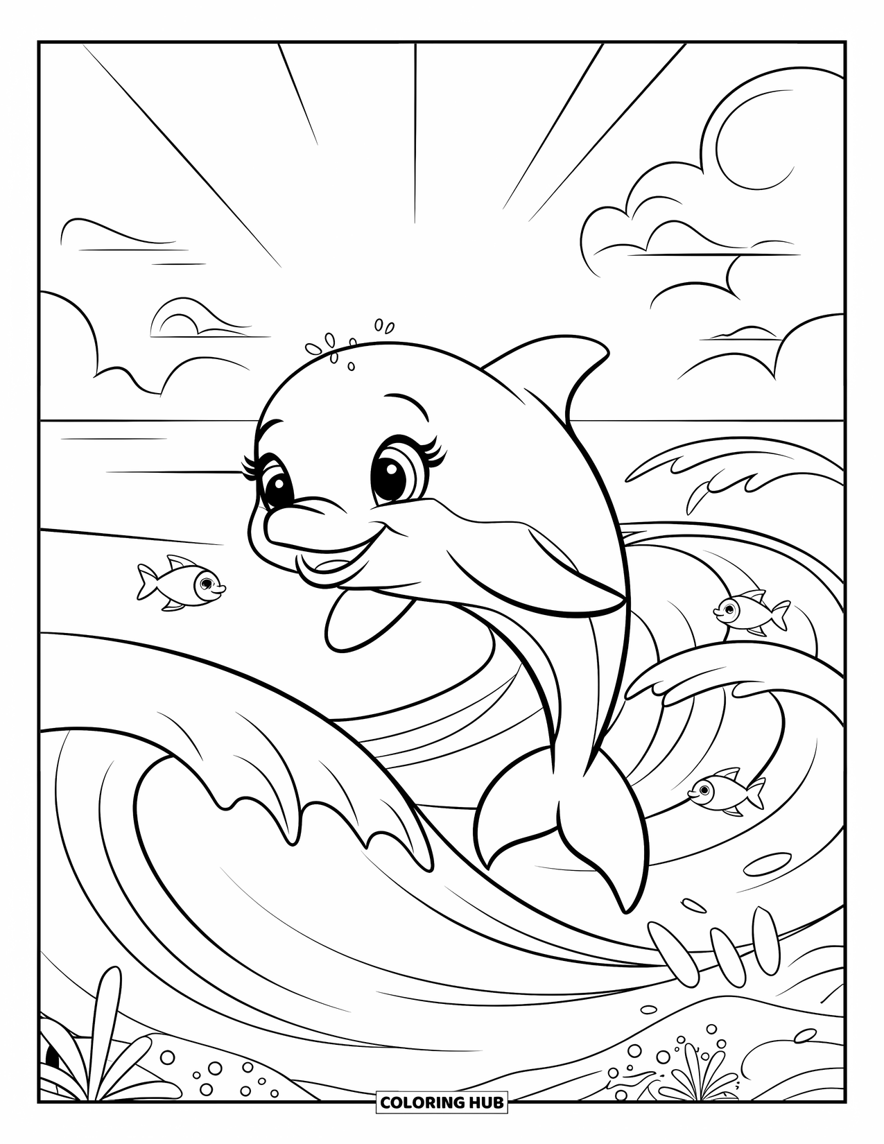 Coloriage Océan pour enfants : Un dauphin joyeux saute à travers des vagues calmes avec des poissons et des nuages duveteux à proximité