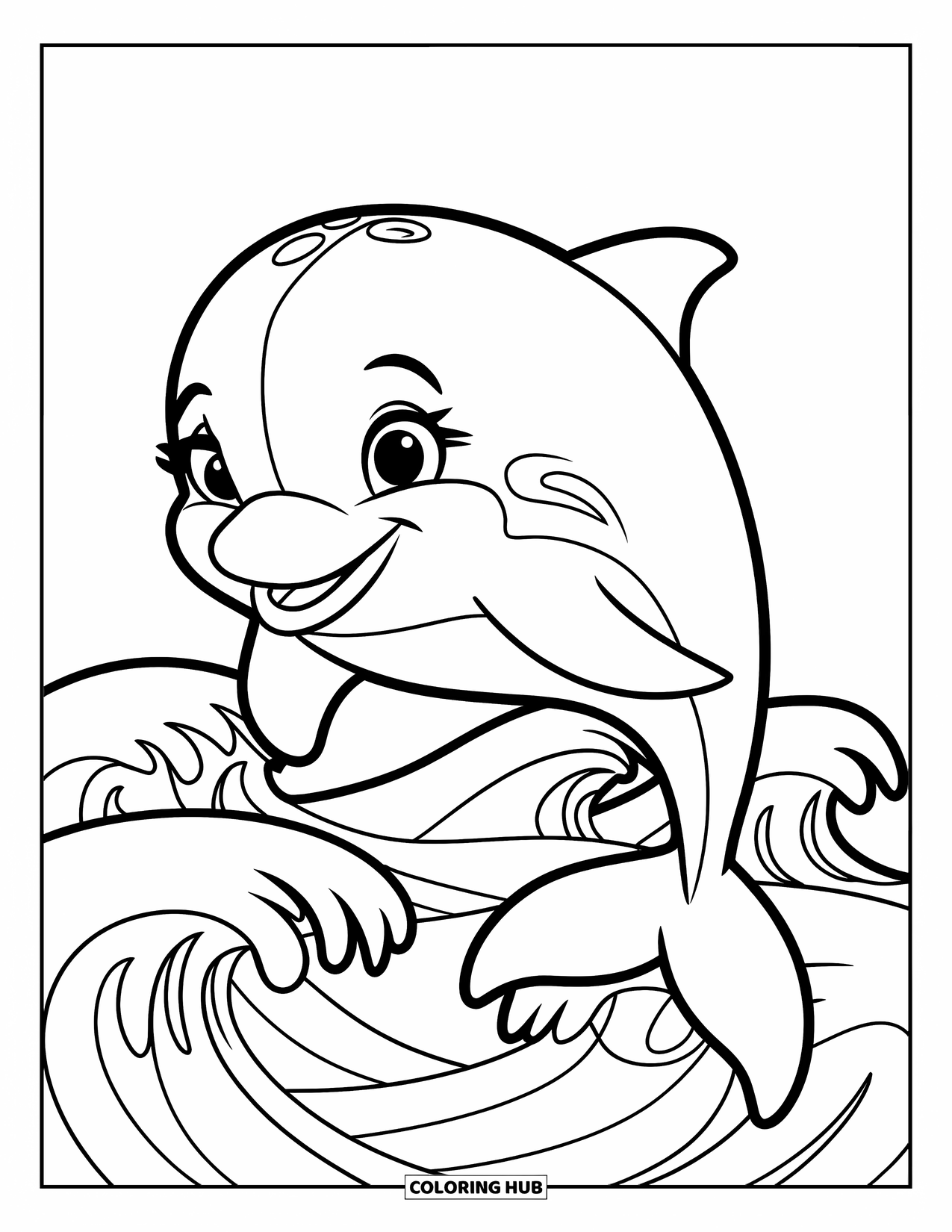 Coloriage Océan pour enfants : Un dauphin joyeux saute par-dessus des vagues lisses avec un éclat lumineux et joyeux