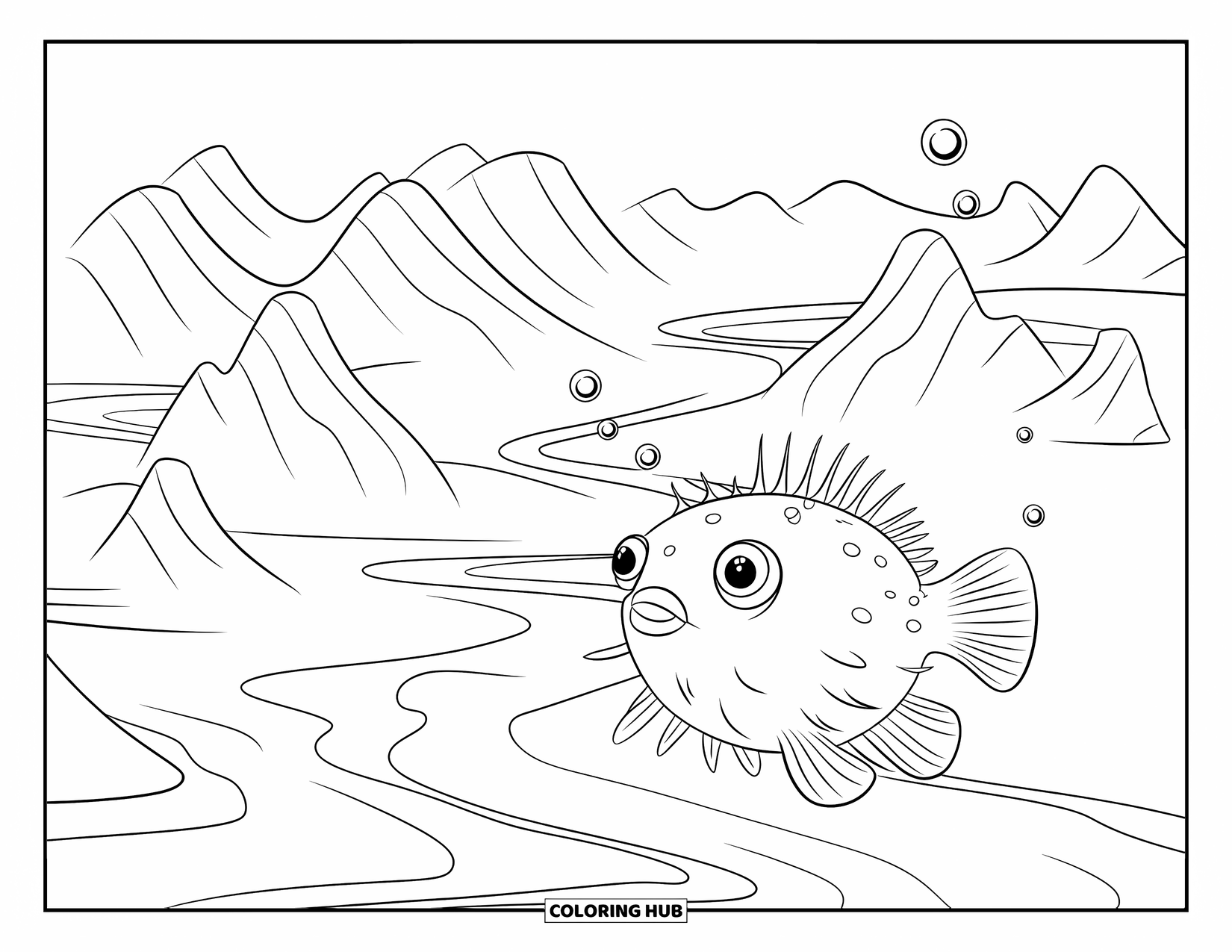 Coloriage Océan pour enfants : Un poisson-globe joyeux flotte près de crêtes sous-marines avec des bulles et des traînées de sable dérivantes