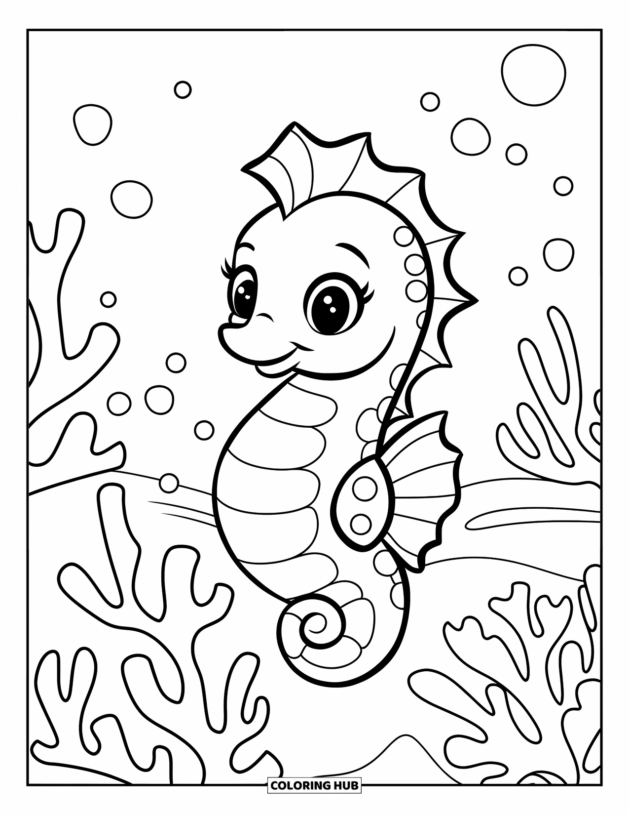 Coloriage Océan pour enfants : Un hippocampe joyeux repose sur une branche de corail avec des bulles flottant tout autour