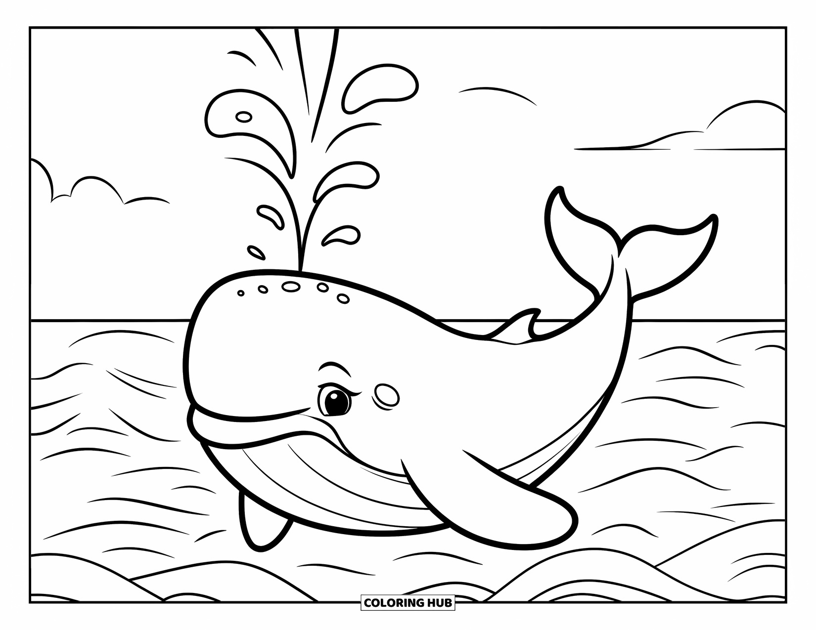 Coloriage Océan pour enfants : Une baleine potelée jaillit de l’eau joyeusement tout en nageant dans de douces vagues