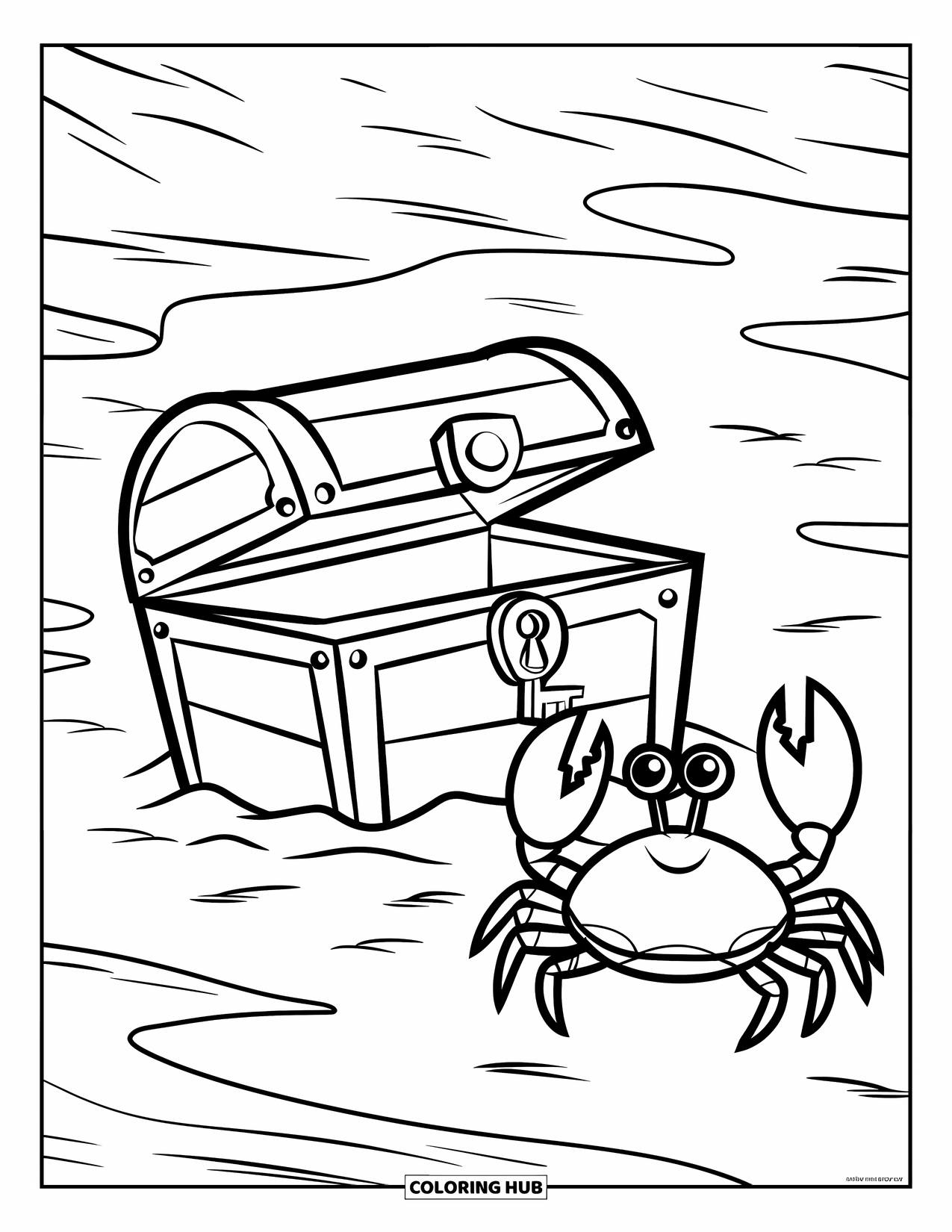 Coloriage Océan pour enfants : Un crabe fait face à un coffre au trésor enfoui dans le sable près du bord des douces vagues de la plage