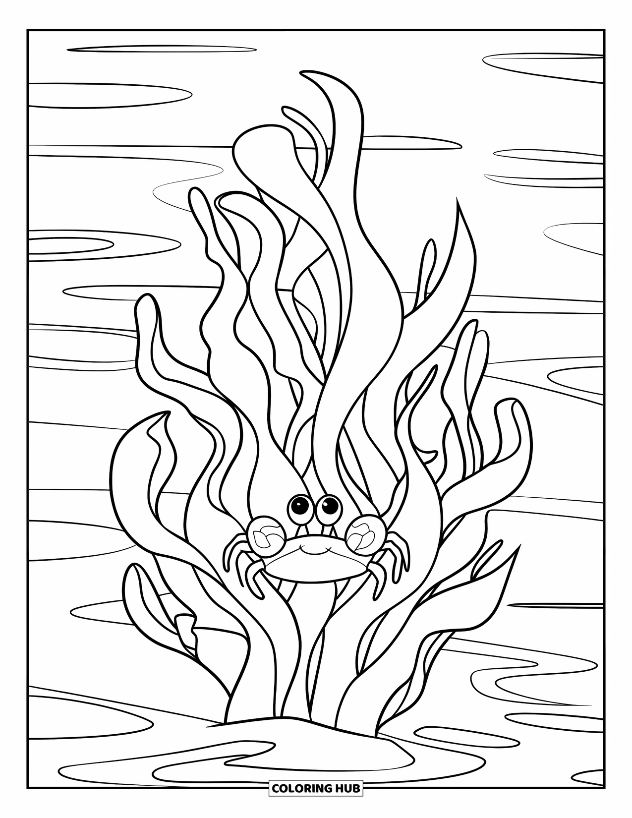 Coloriage Océan pour enfants : Un crabe sourit de derrière des algues ondulées dans une eau calme et ondulante
