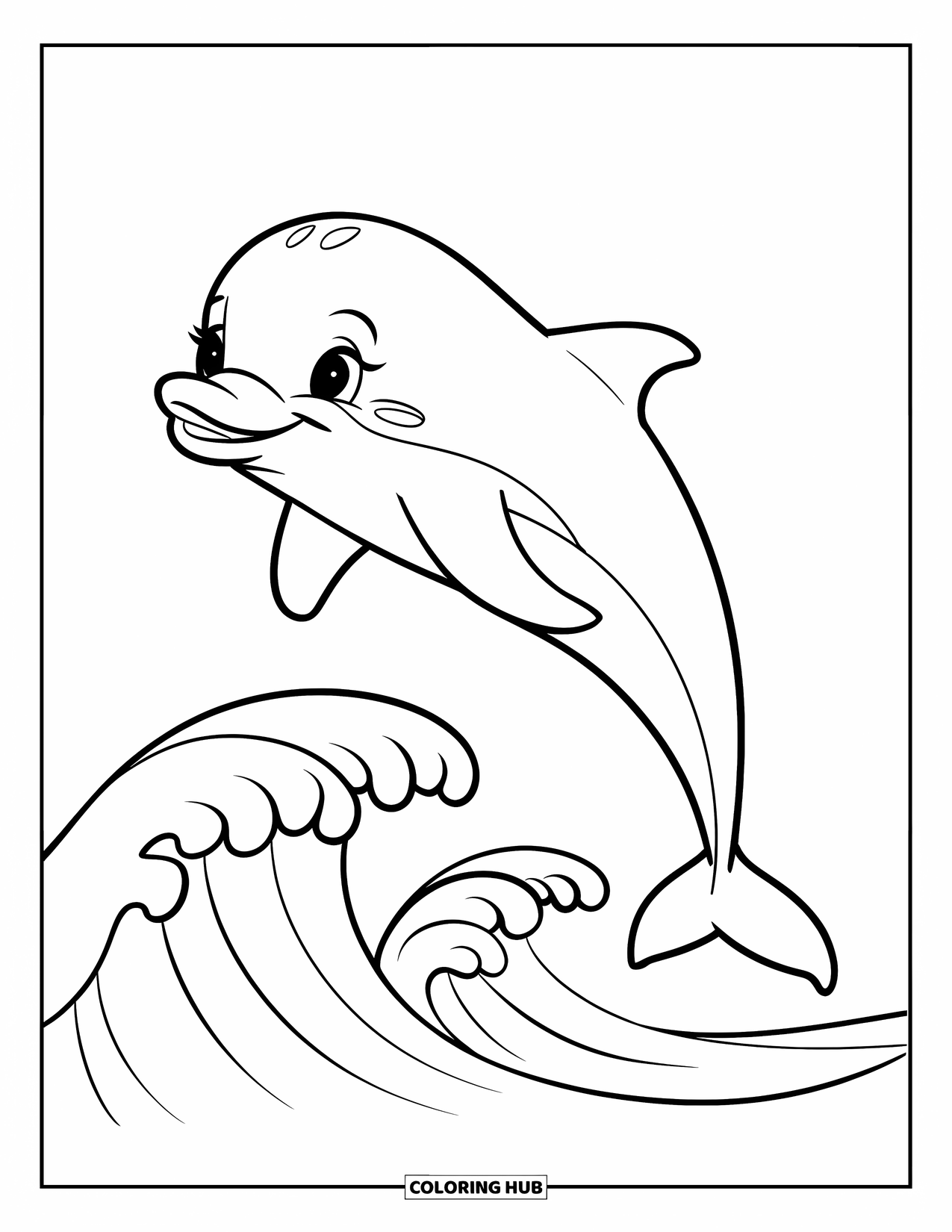 Coloriage Océan pour enfants : Un dauphin avec un grand sourire saute joyeusement au-dessus de douces vagues océaniques