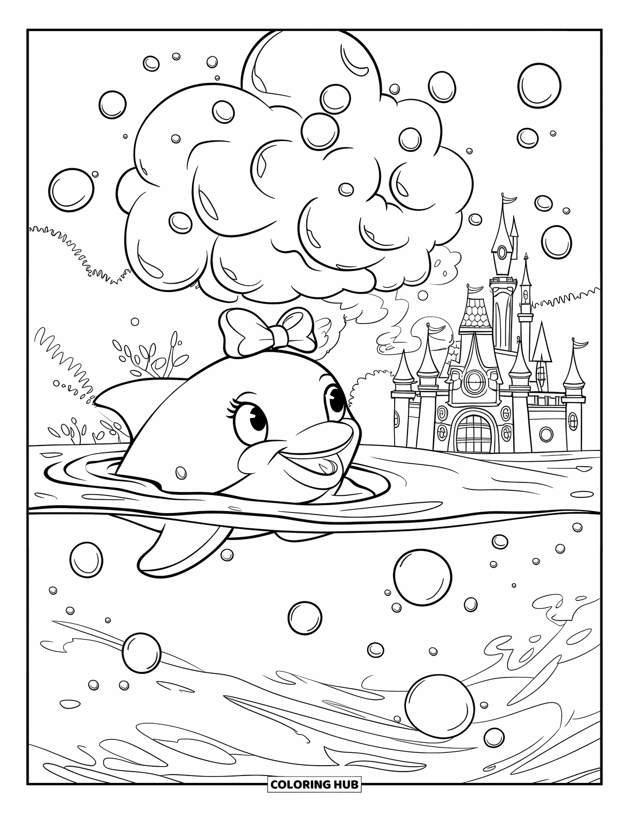 Coloriage Océan pour enfants : Un dauphin avec un nœud papillon sourit tandis que des bulles montent près d’un château