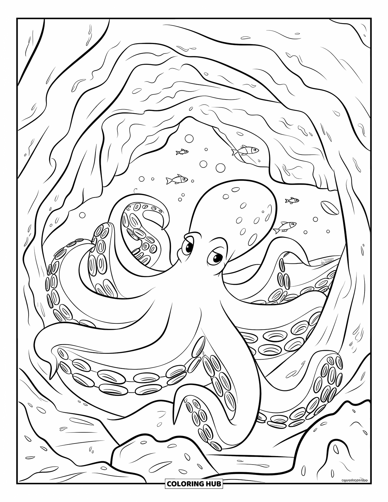 Coloriage Océan pour enfants : Une pieuvre géante enroule ses bras autour des roches dans une grotte sous-marine tranquille