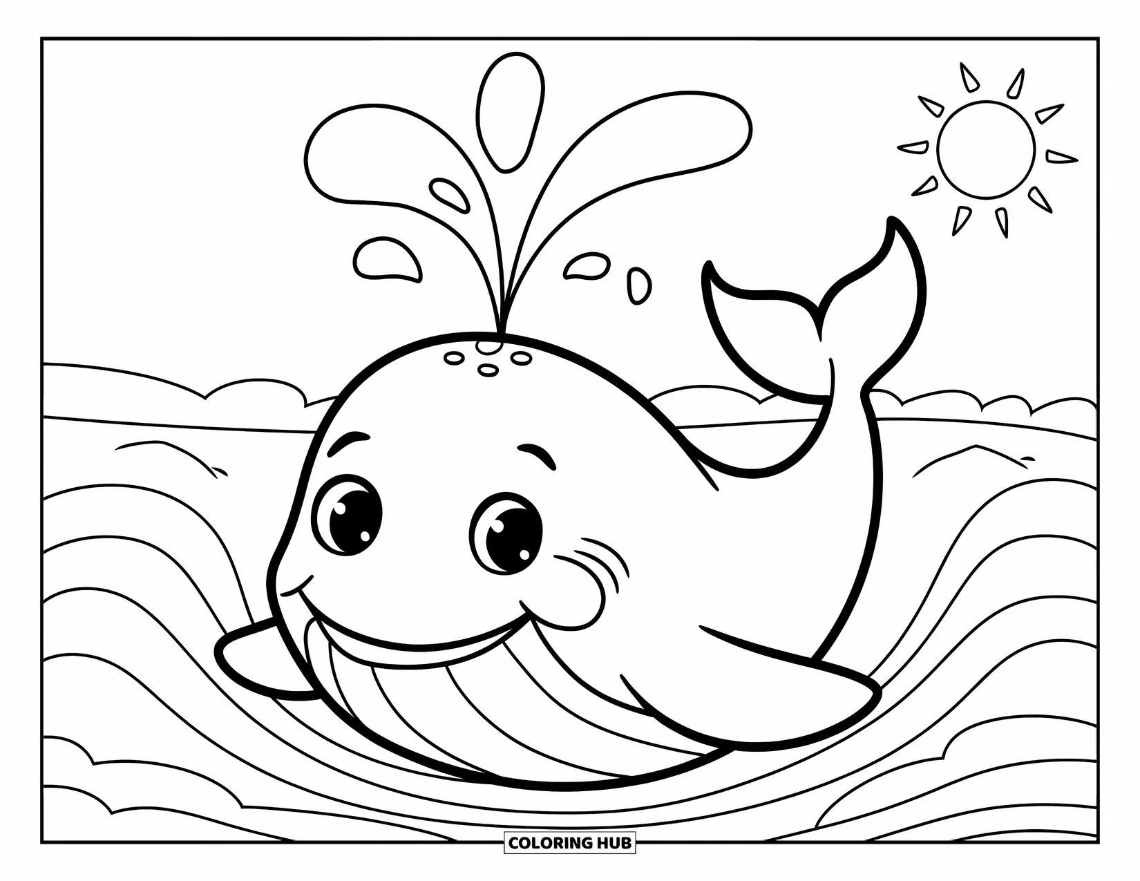 Coloriage Océan pour enfants : Une baleine joyeuse jaillit de l’eau sous un ciel ensoleillé et de douces vagues marines