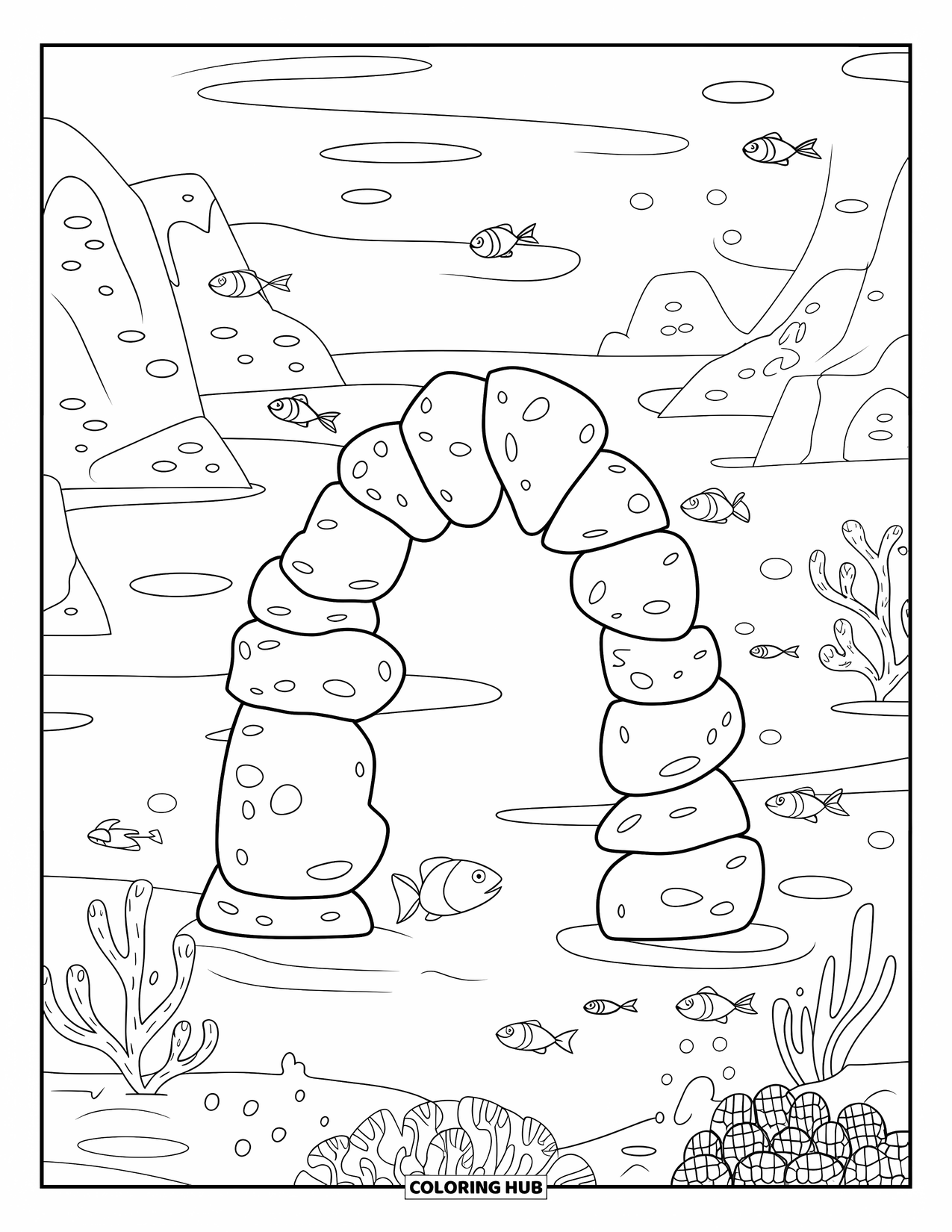 Coloriage Océan pour enfants : Une arche rocheuse se dresse sous l’eau avec des poissons, des plantes et des coraux tout autour