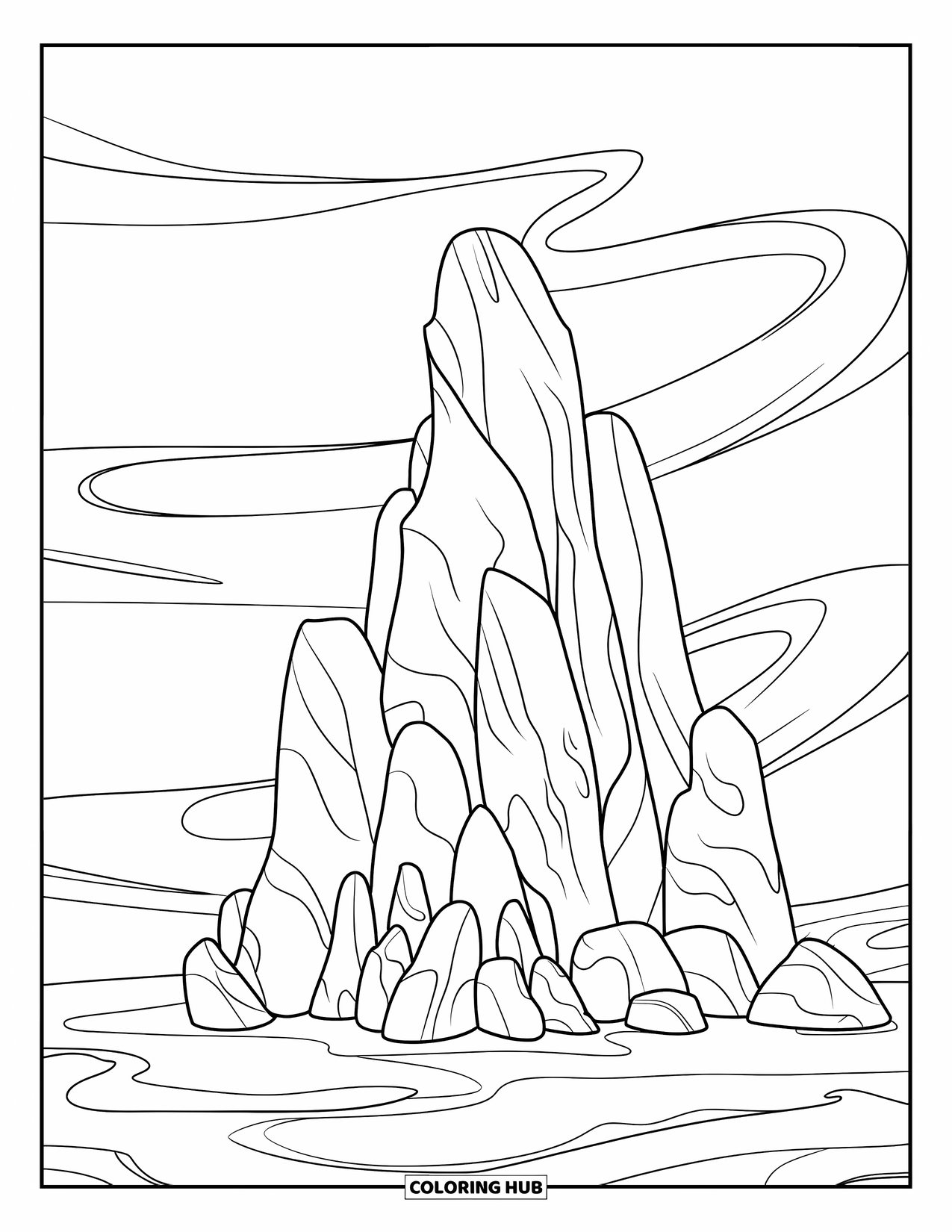 Coloriage Océan pour enfants : Une formation rocheuse sous-marine se balance avec de doux courants dans une eau claire et tranquille