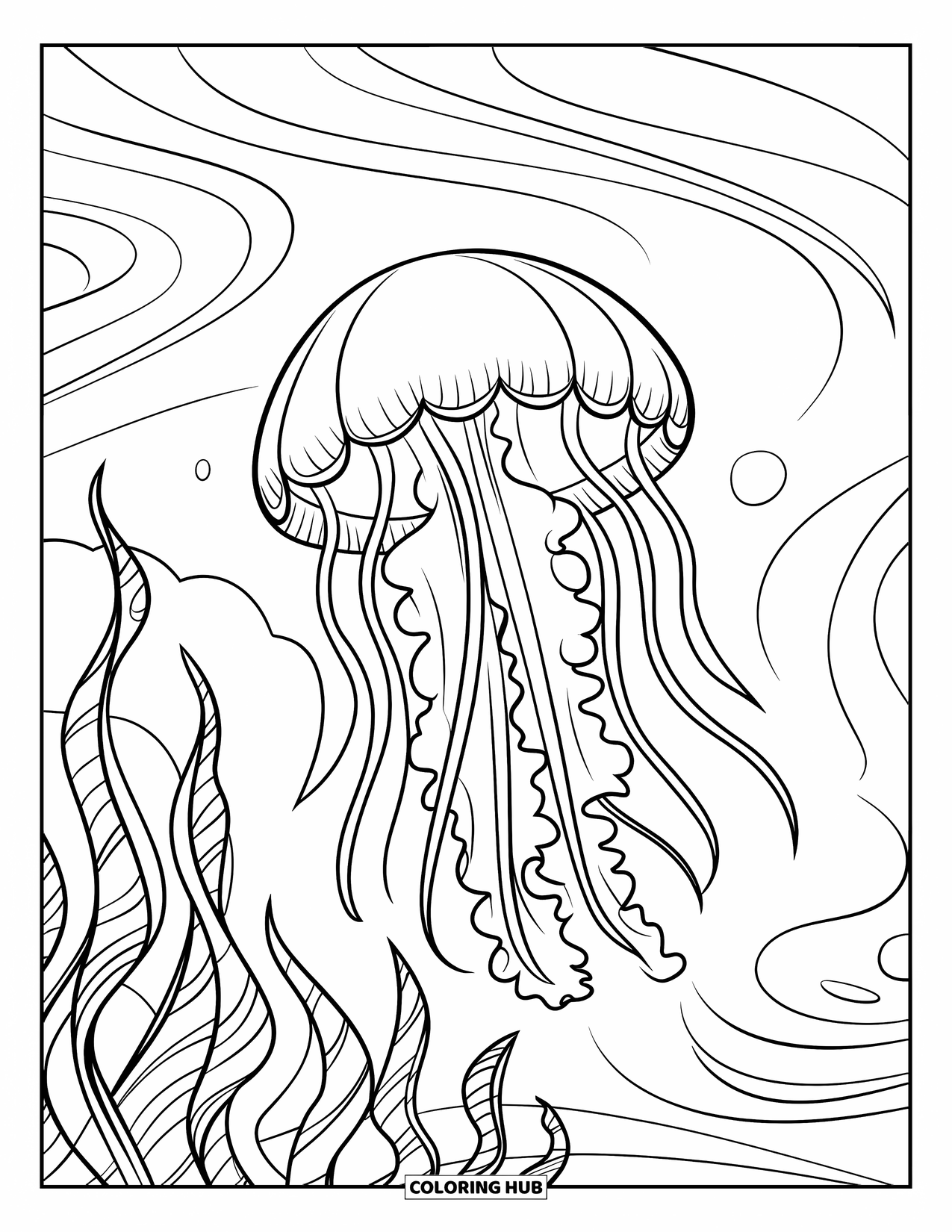 Coloriage Océan pour enfants : Une méduse ronde flotte près de plantes marines ondulées, glissant doucement à travers des motifs sous-marins tourbillonnants