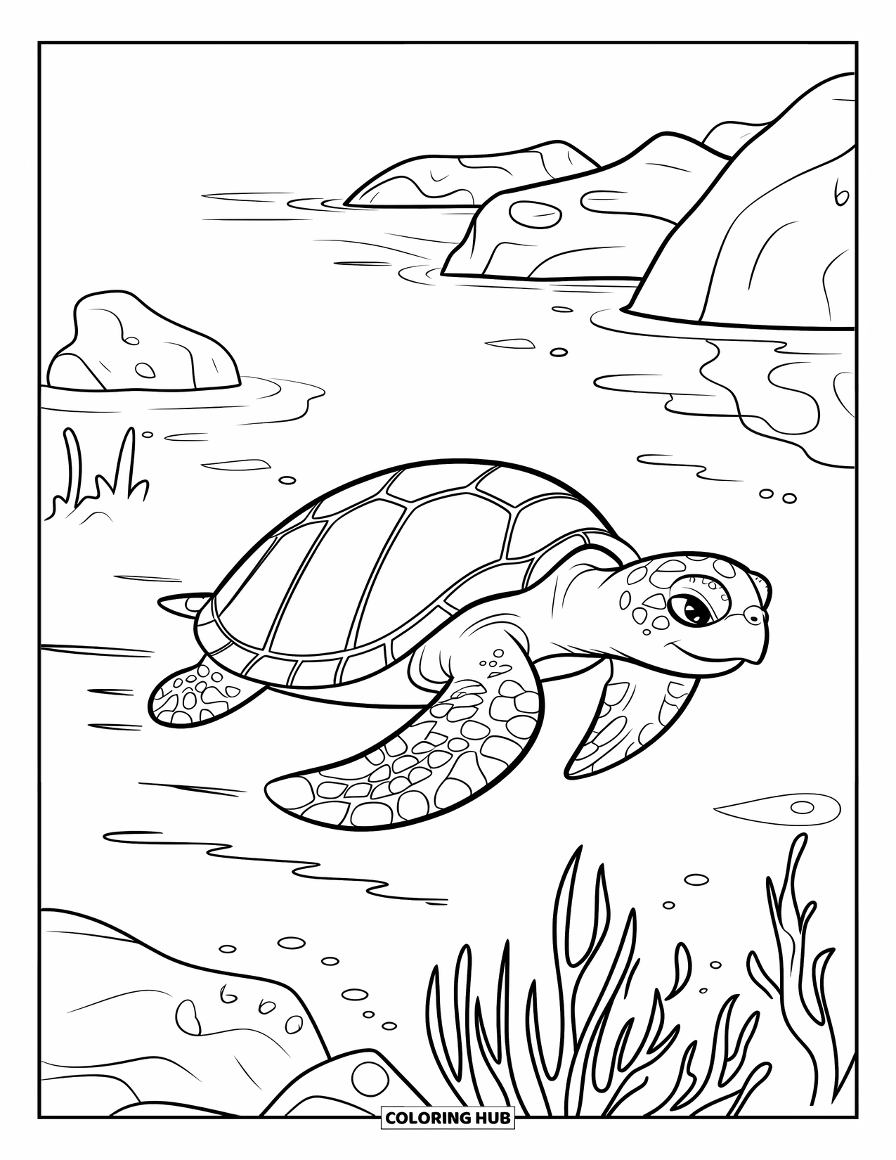 Coloriage Océan pour enfants : Une tortue de mer glisse près de roches et de plantes dans une eau calme avec un rythme paisible