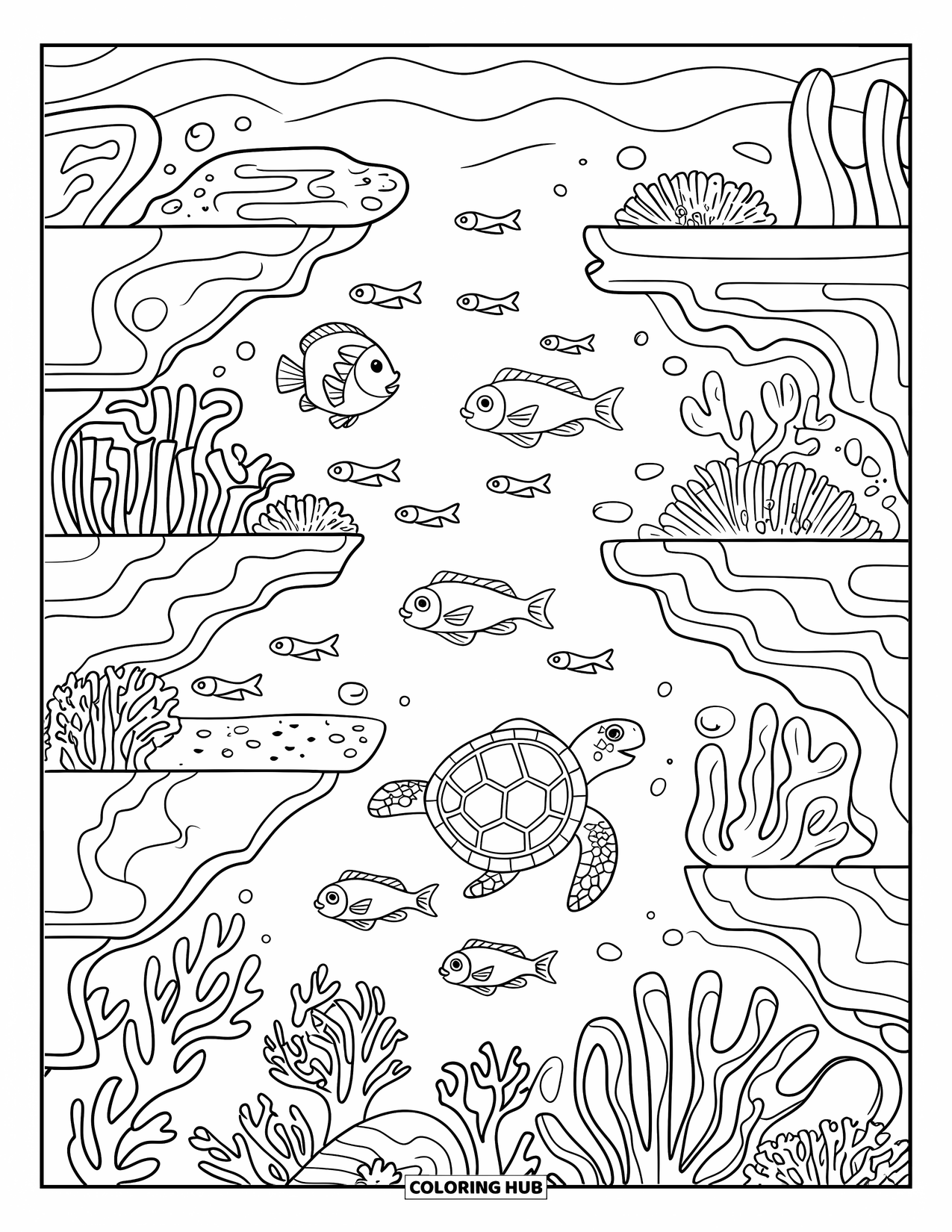 Coloriage Océan pour enfants : Une tortue de mer glisse à travers des récifs coralliens remplis de vie marine et de douces vagues d’arrière-plan