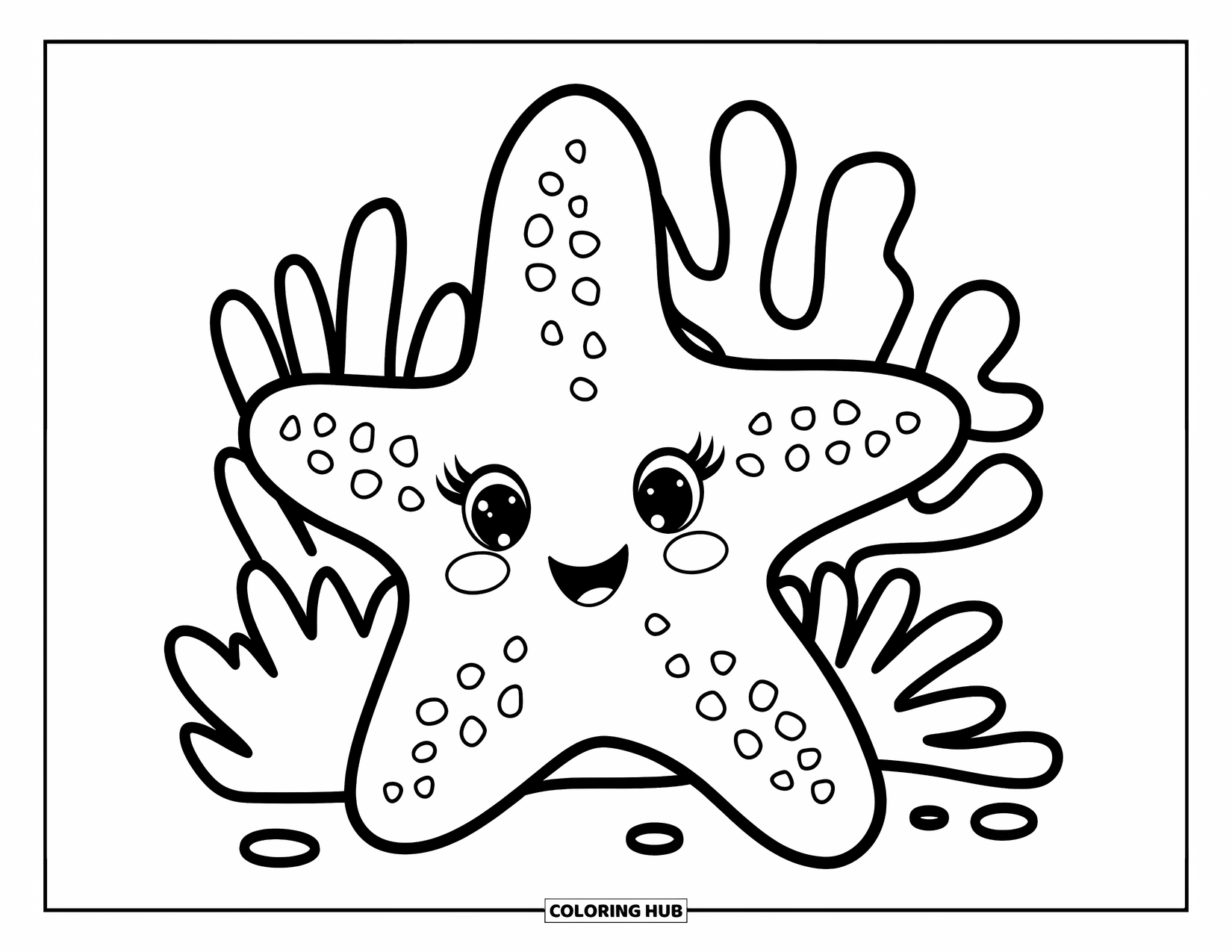 Coloriage Océan pour enfants : Une seule étoile de mer pointillée repose près de coraux et de douces plantes sous-marines