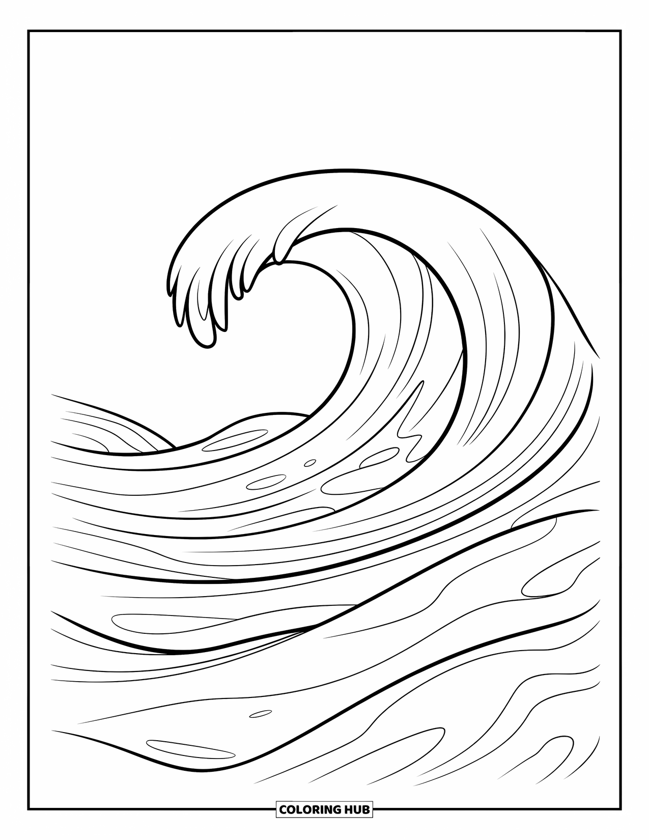 Coloriage Océan pour enfants : Une seule vague océanique s’enroule doucement sur un fond marin sablonneux et lisse