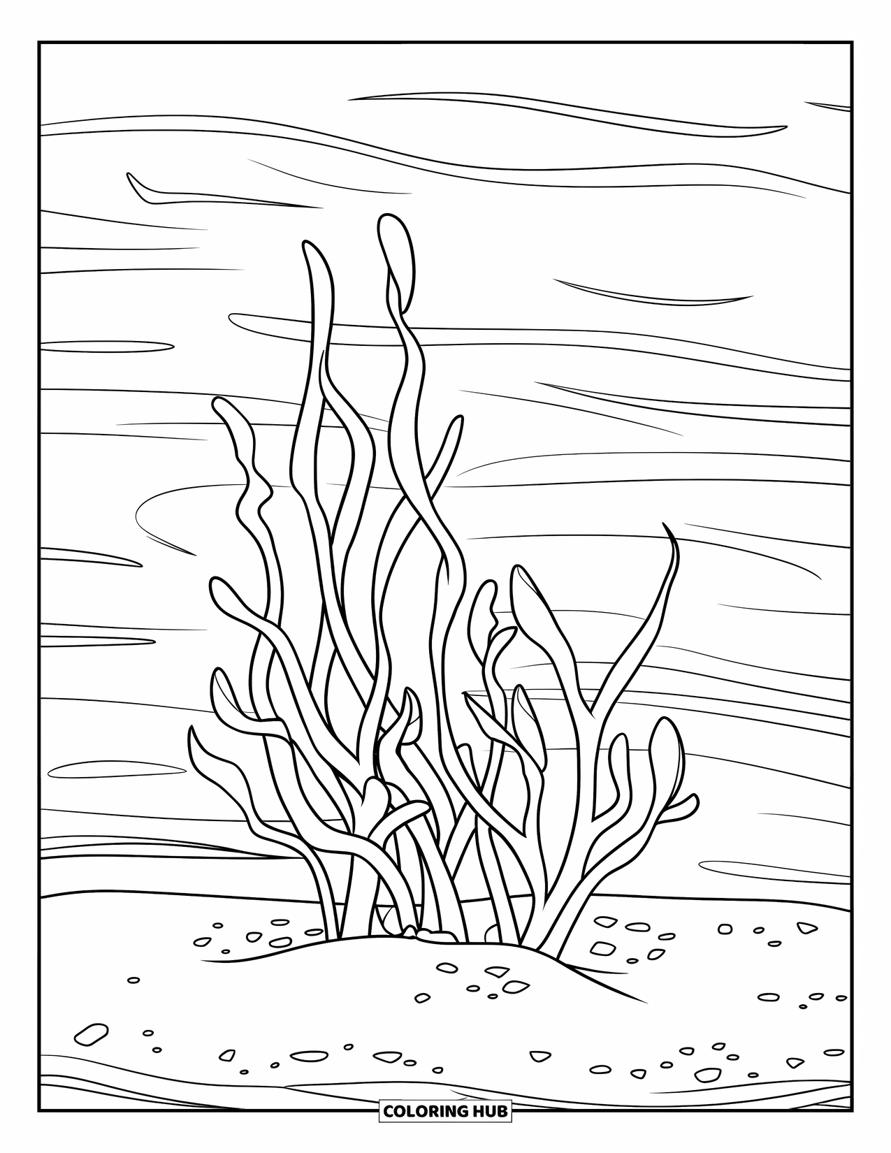 Coloriage Océan pour enfants : Une petite parcelle d’algues pousse à partir du sable sous de douces vagues océaniques