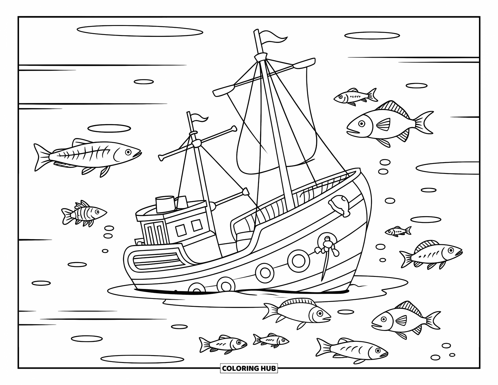 Coloriage Océan pour enfants : Une petite épave repose sous les vagues tandis que des poissons de toutes tailles nagent autour d’elle