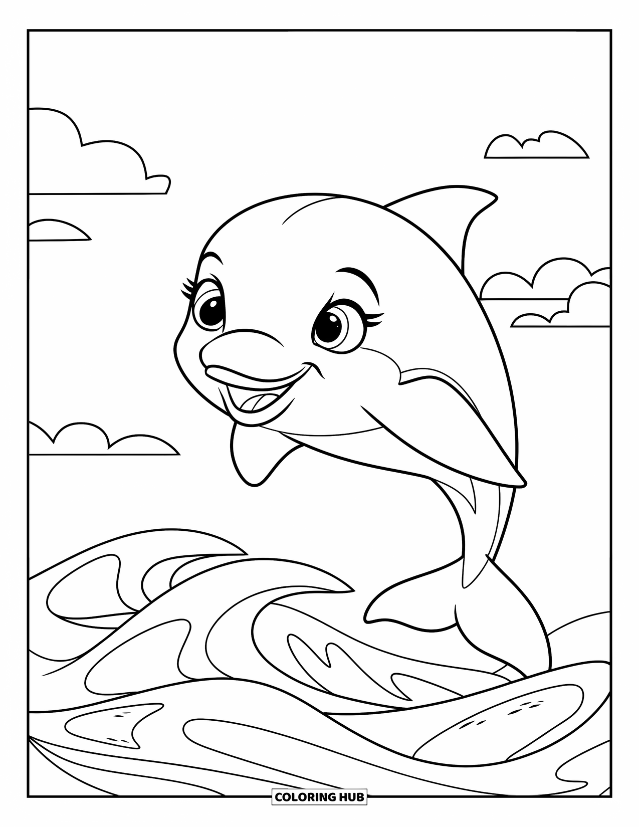 Coloriage Océan pour enfants : Un dauphin souriant saute par-dessus des vagues lisses sous un ciel avec de doux nuages
