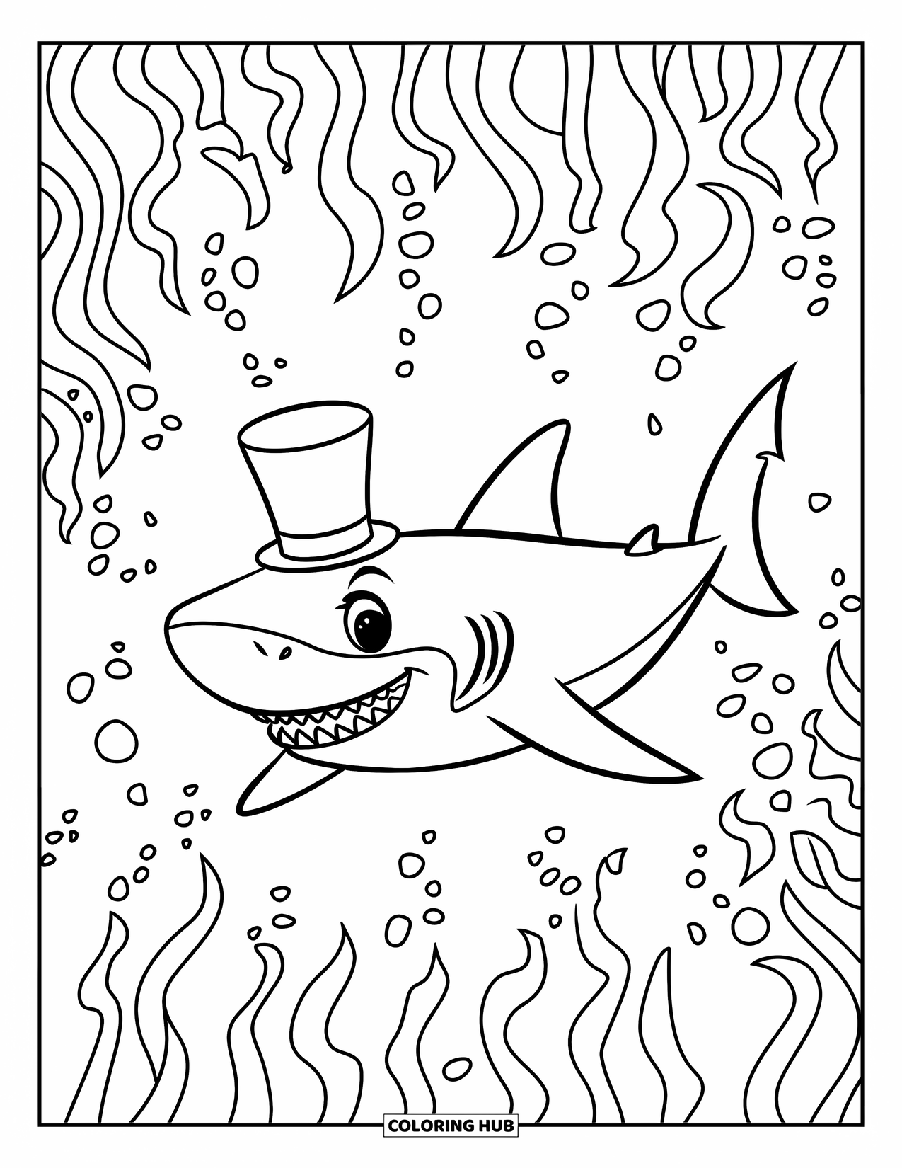 Coloriage Océan pour enfants : Un requin souriant portant un haut-de-forme nage parmi des plantes marines torsadées dans une eau calme