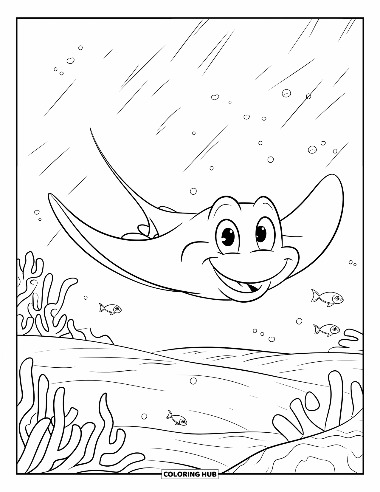 Coloriage Océan pour enfants : Une raie souriante glisse doucement sur le sable et le corail dans une douce lumière sous-marine