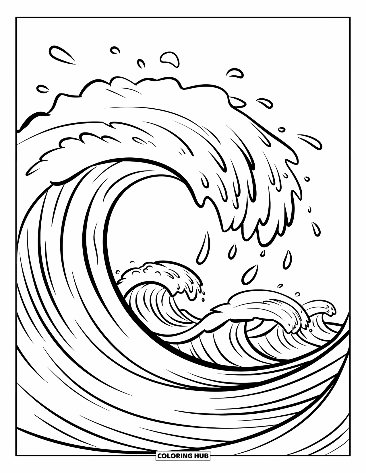 Coloriage Océan pour enfants : Une vague souriante portant un chapeau éclabousse avec des gouttelettes dans une mer ondulée