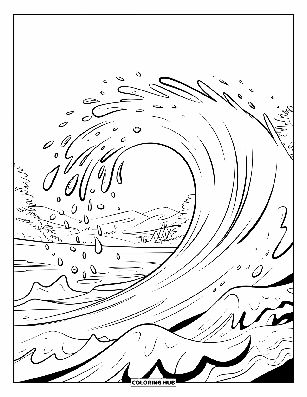 Coloriage Océan pour enfants : Une vague lisse s’écrase près des roches avec des gouttelettes volant dans l’air