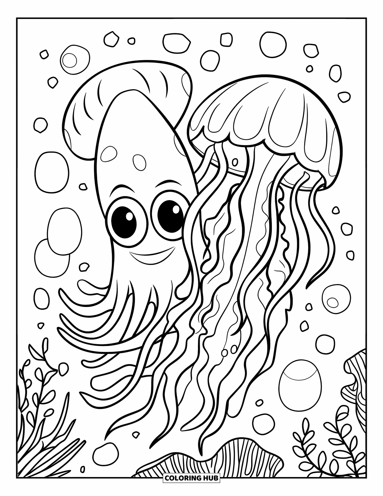 Coloriage Océan pour enfants : Un calmar étreint une méduse tandis que des bulles lumineuses flottent autour d’eux dans une eau profonde et sombre