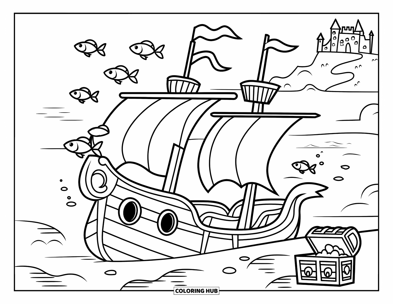 Coloriage Océan pour enfants : Un navire coulé repose sous l’eau tandis que des poissons nagent à proximité et qu’un coffre au trésor se trouve à terre