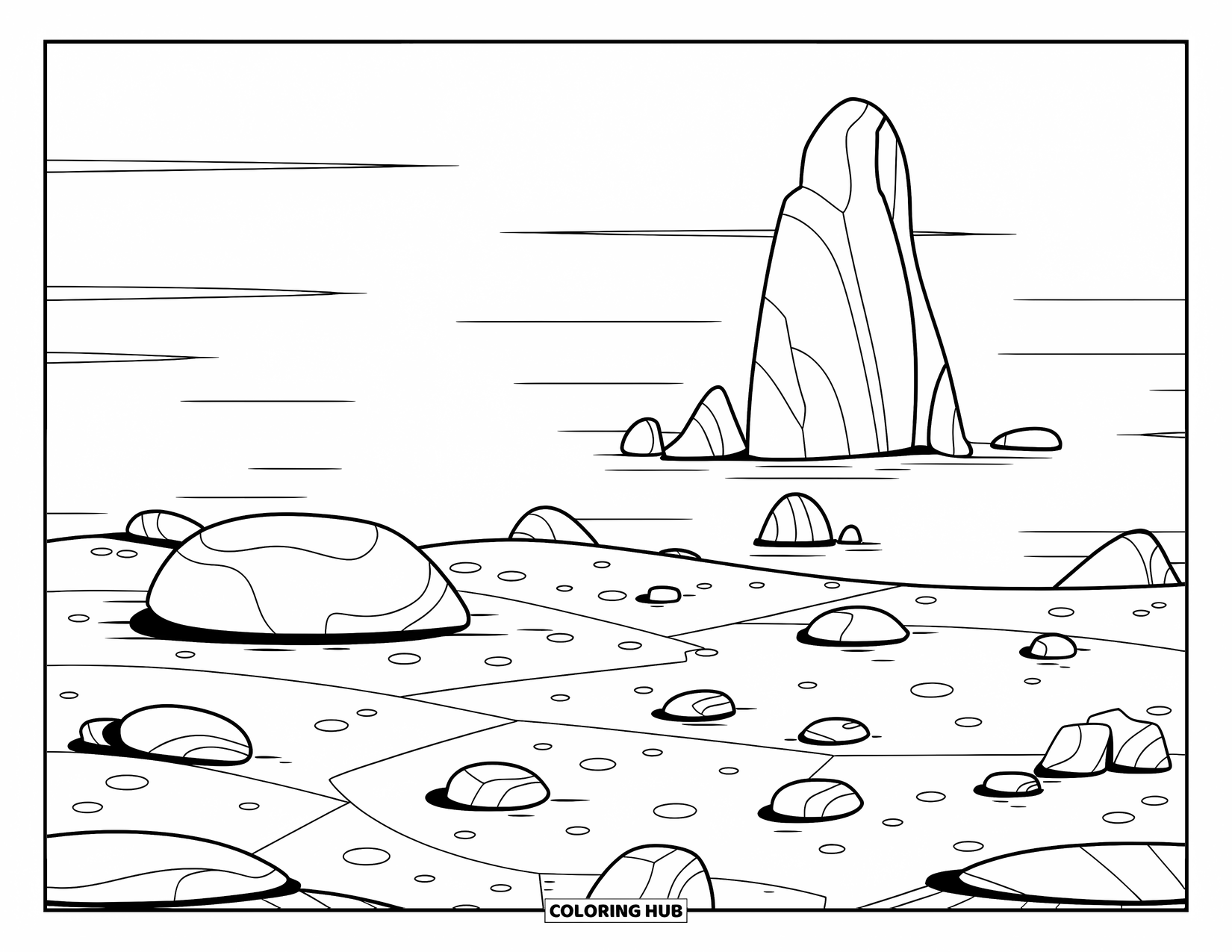 Coloriage Océan pour enfants : Un grand rocher se dresse parmi des pierres lisses dans une scène océanique calme