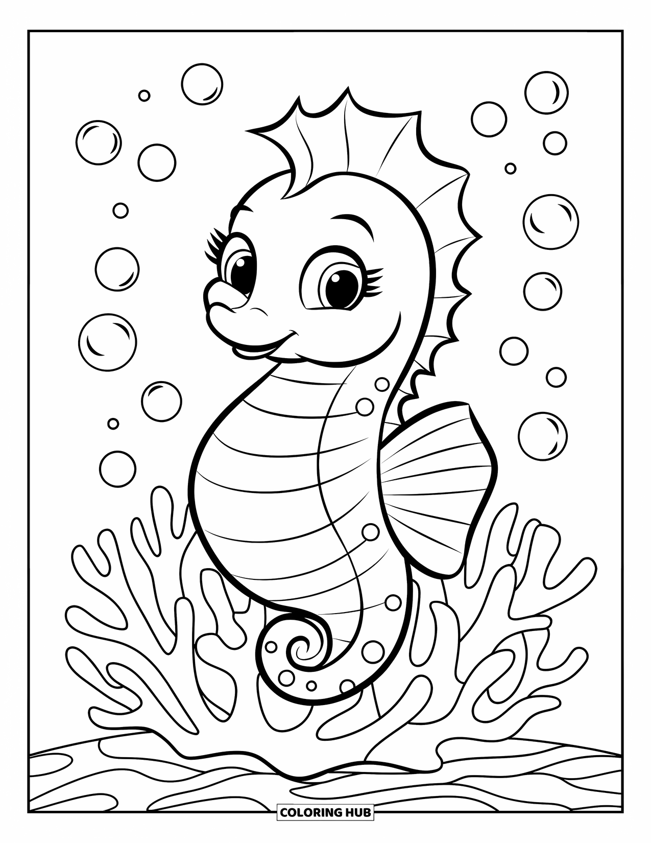 Coloriage Océan pour enfants : Un minuscule hippocampe est assis sur du corail, entouré de petites bulles dans une eau océanique calme