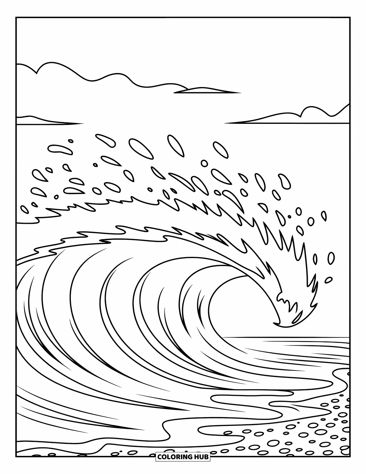 Coloriage Océan pour enfants : Une vague s’écrase sur des galets tandis que de l’écume monte et que des nuages dérivent dans le ciel