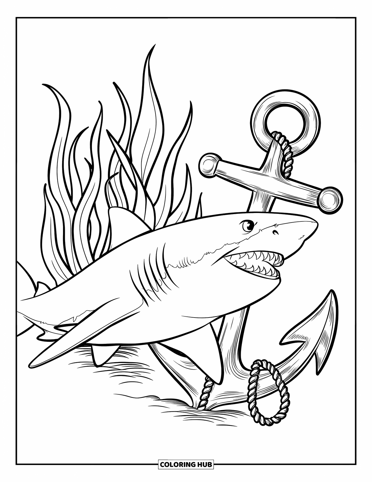 Coloriage Océan pour enfants : Un requin à grande gueule nage devant une ancre et des algues dans une eau océanique calme