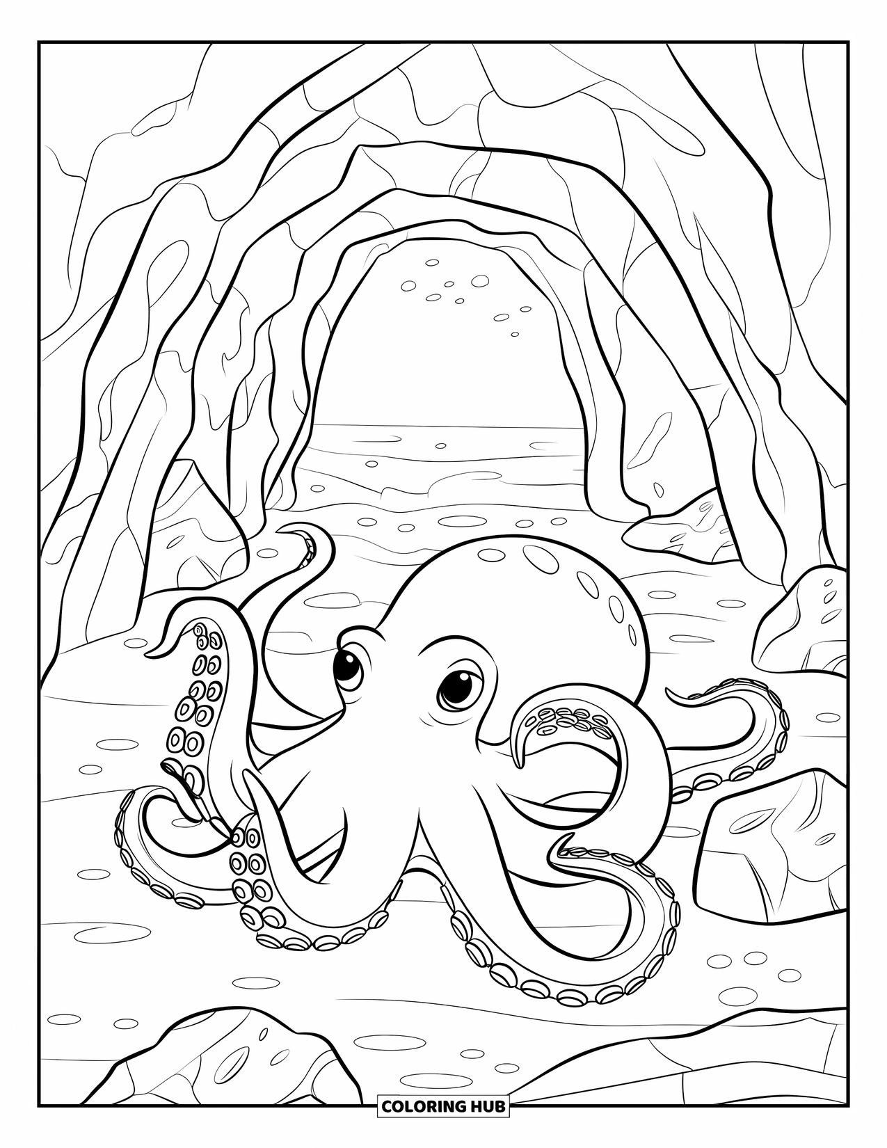 Coloriage Océan pour enfants : Une pieuvre avec de longs bras repose dans une grotte rocheuse sous une faible arche