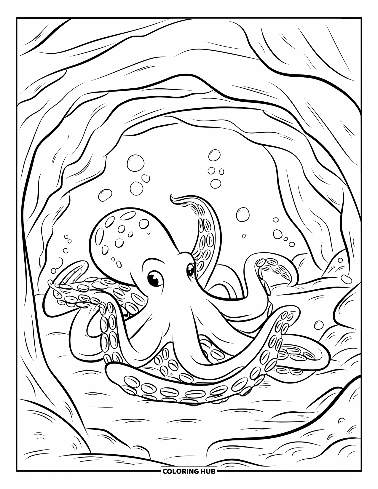 Coloriage Océan pour enfants : Une pieuvre s’enroule autour d’un rocher à l’intérieur d’une grotte avec des bulles et de douces ombres