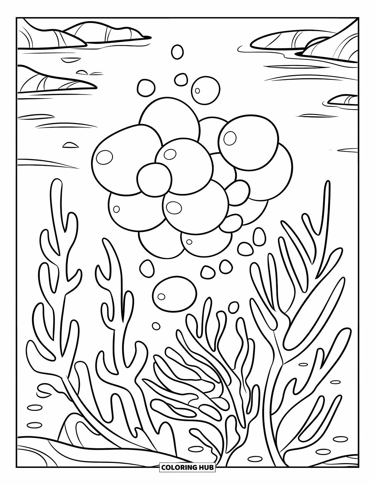 Coloriage Océan pour enfants : Des bulles dérivent près des plantes marines dans une mer calme avec de douces roches