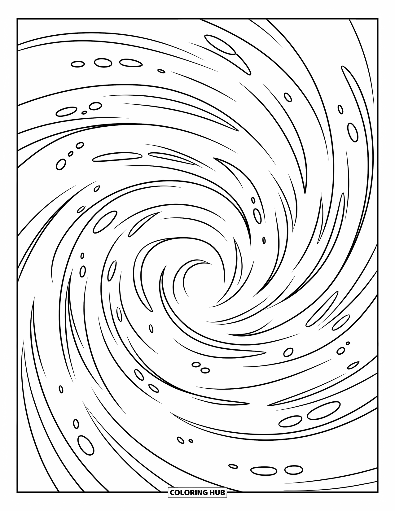 Coloriage Océan pour enfants : Des bulles montent dans des courants tourbillonnants dans un motif circulaire ludique et simple