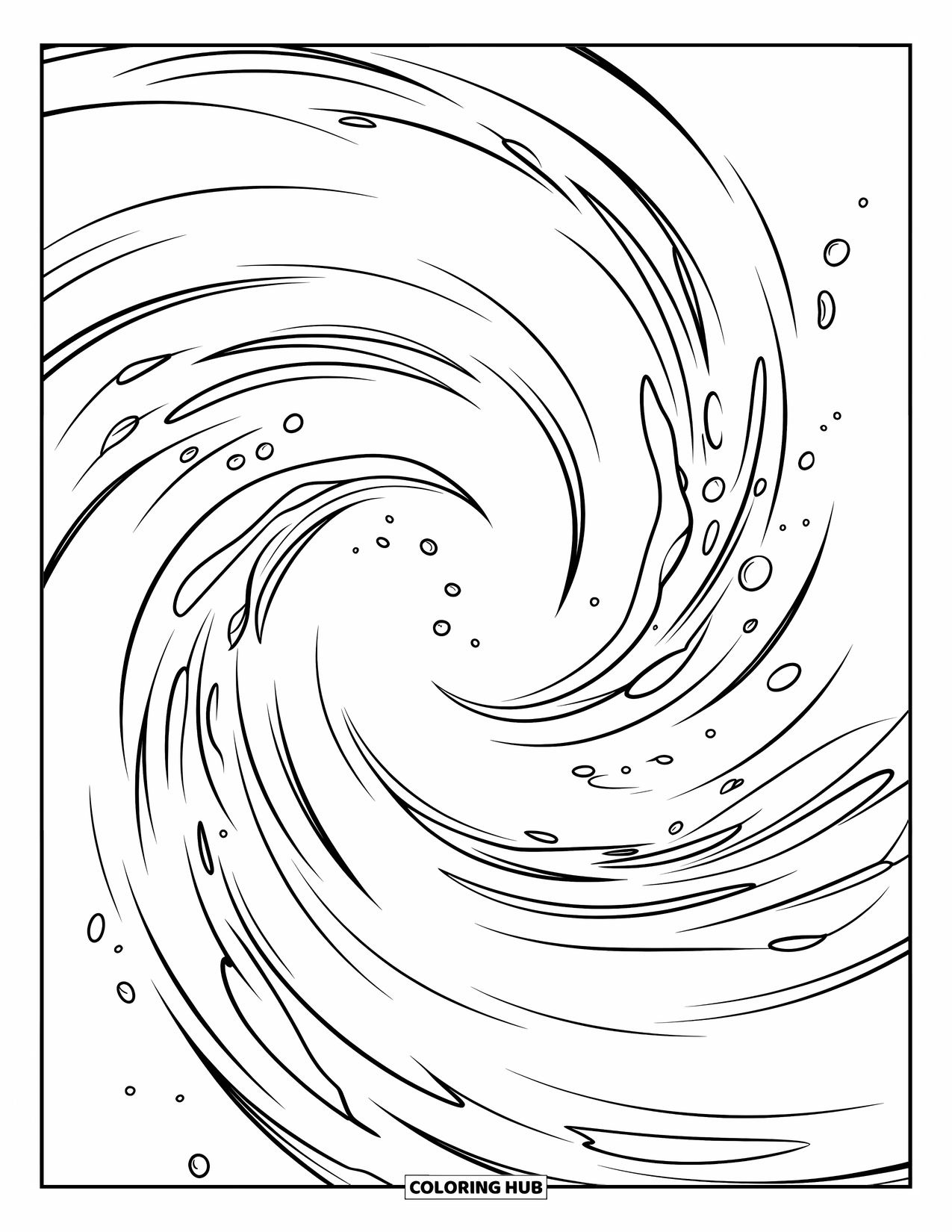 Coloriage Océan pour enfants : Des courants circulaires tourbillonnent doucement avec des bulles dérivant dans une eau tranquille